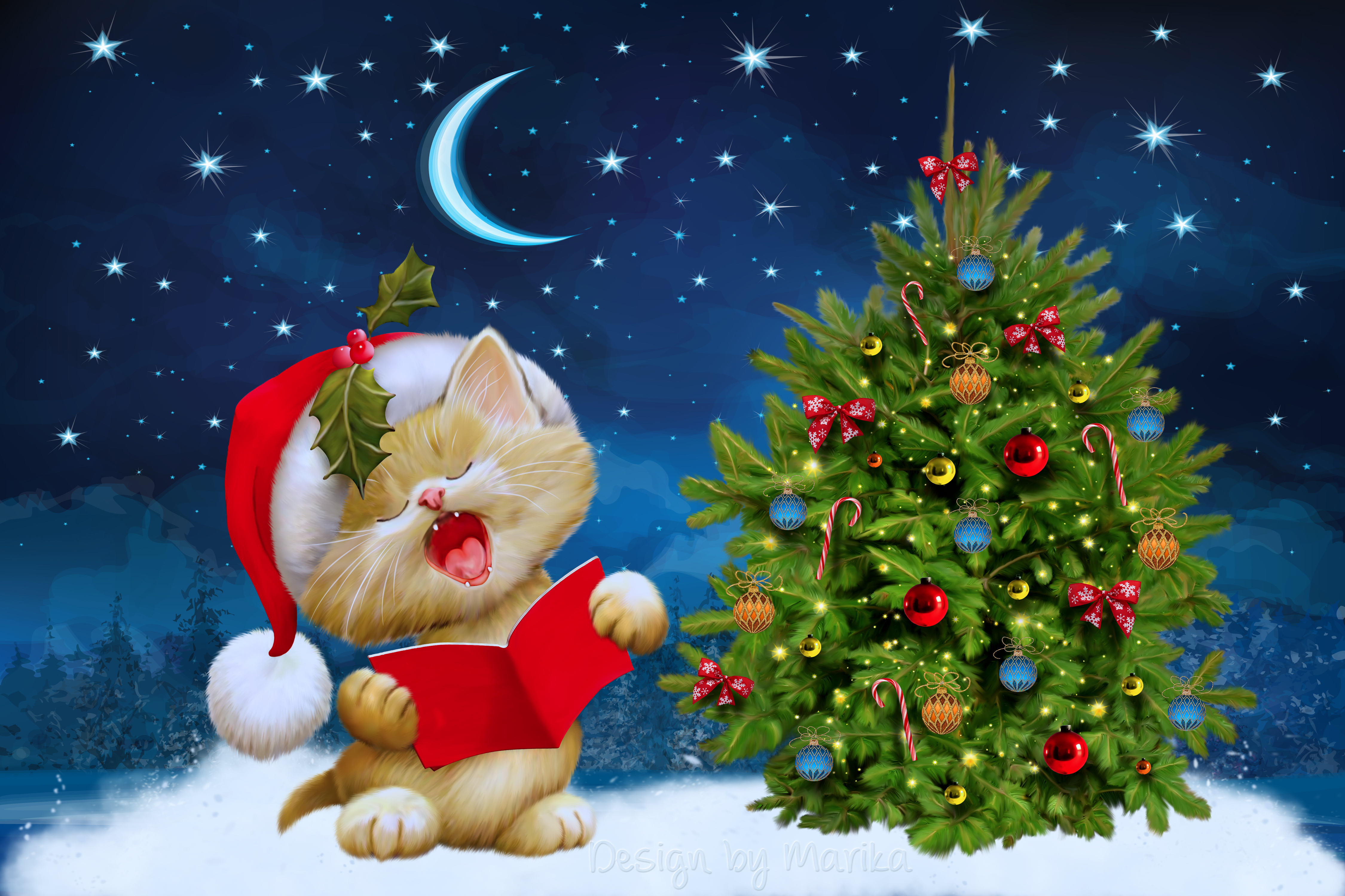 666015壁紙のダウンロードクリスマスツリー, ホリデー, クリスマス, ネコ, クリスマスオーナメント, サンタハット-スクリーンセーバーと写真を無料で