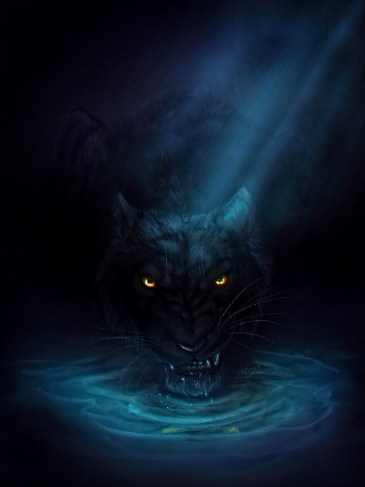 big cat, water, art, black, grin, panther for android