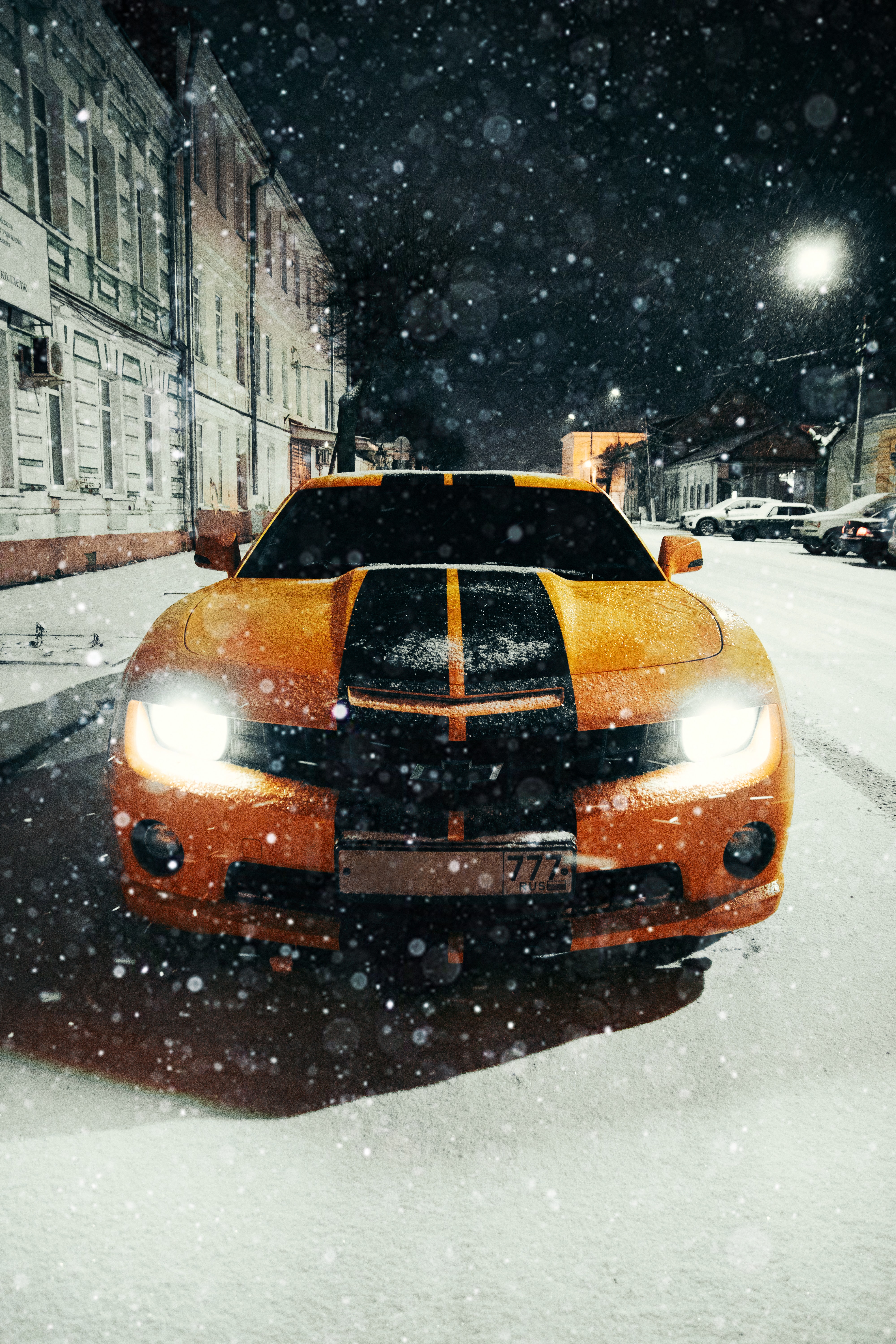 car, cars, orange, lights, front view, machine, headlights HD wallpaper