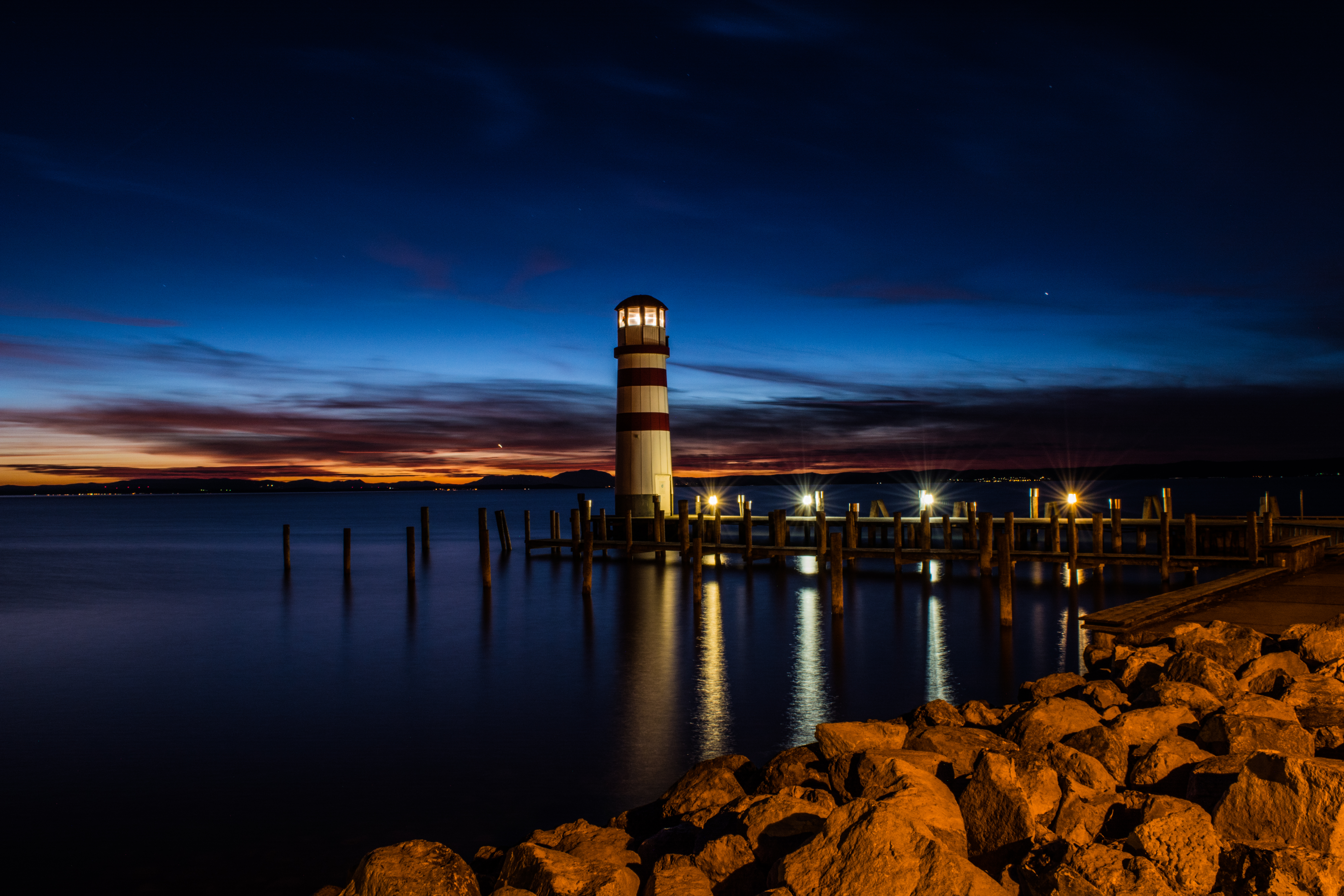 reflection, night, coast, nature, lighthouse phone background