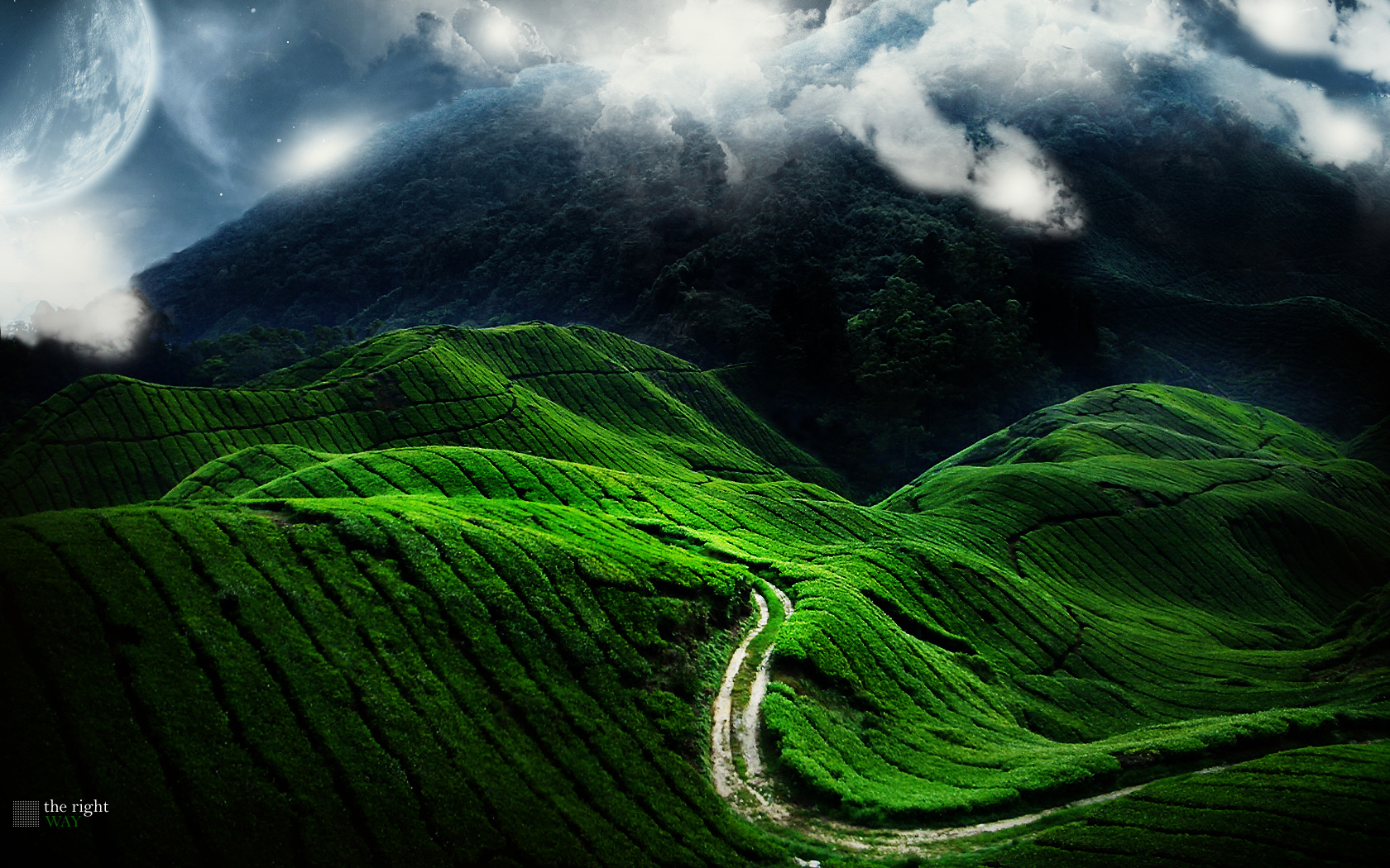 wallpapers green, man made, moon, landscape, road, hill