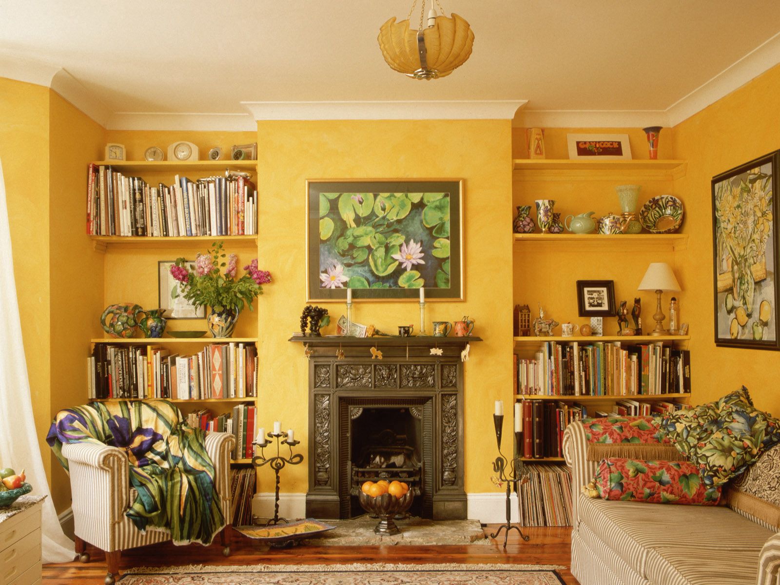 books, miscellanea, miscellaneous, table, sofa, shelves, fireplace HD wallpaper