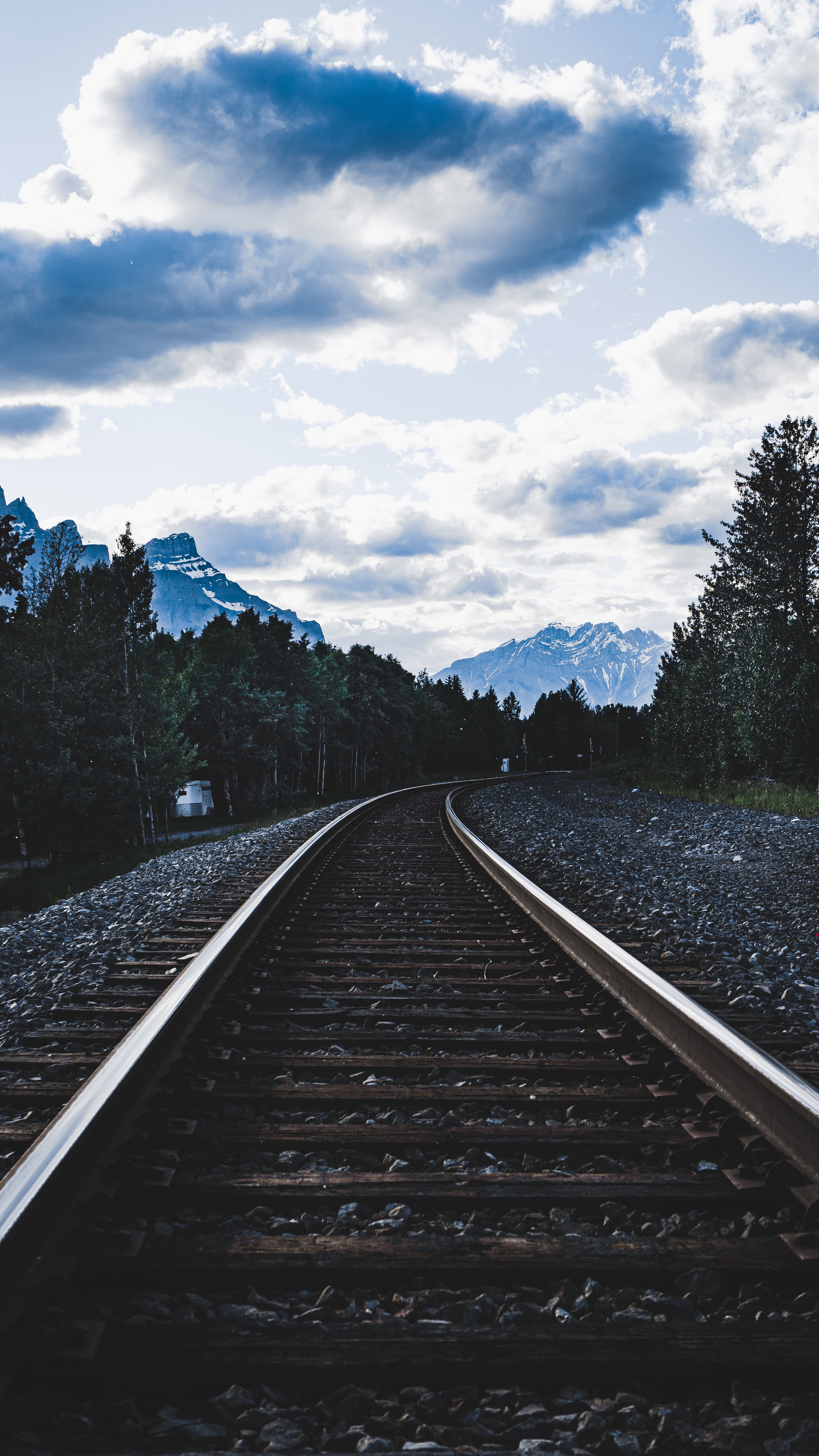 mountains, rails, nature, trees, clouds, railway 4K