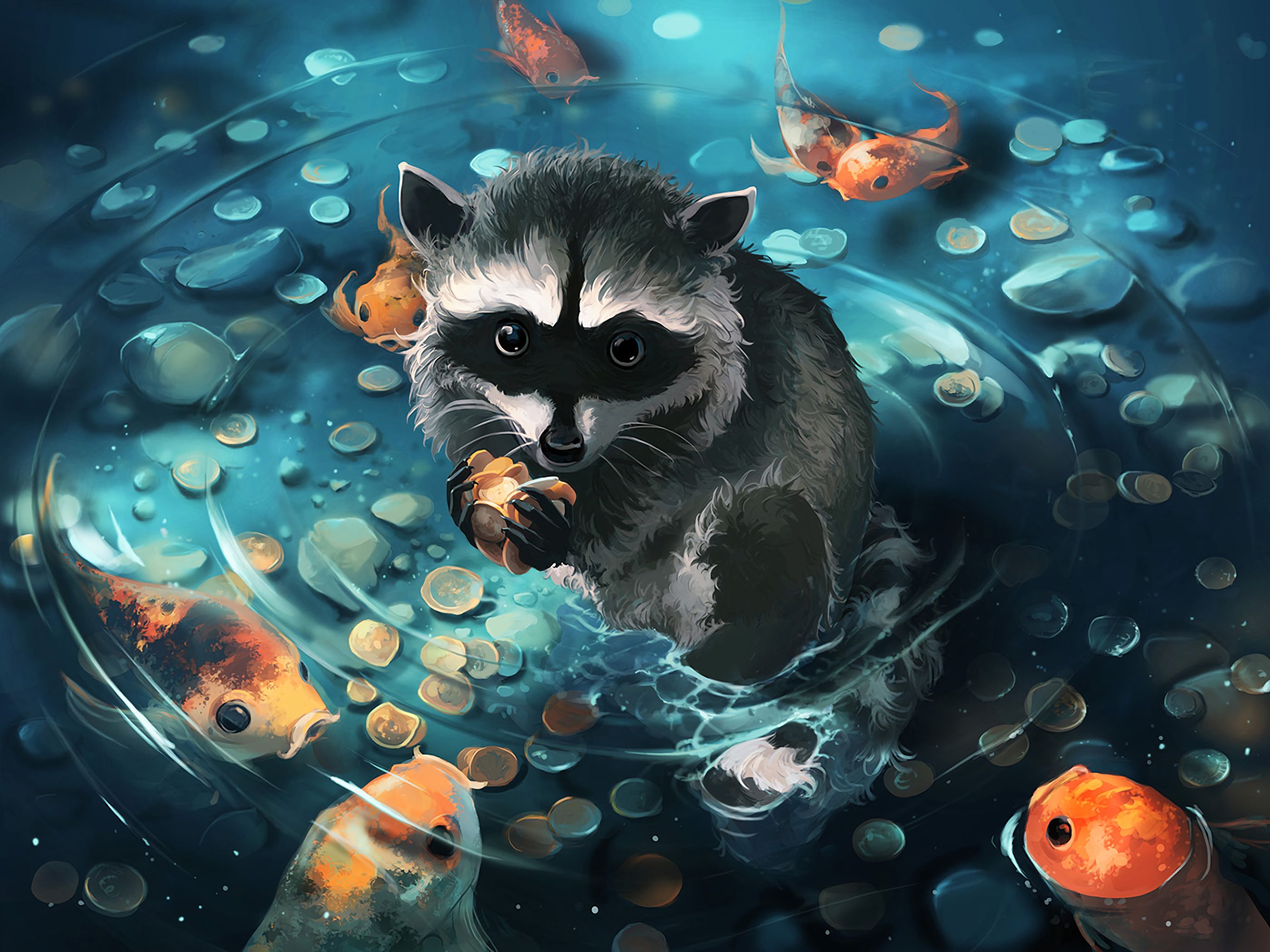 79792 download wallpaper art, water, raccoon, coins screensavers and pictures for free