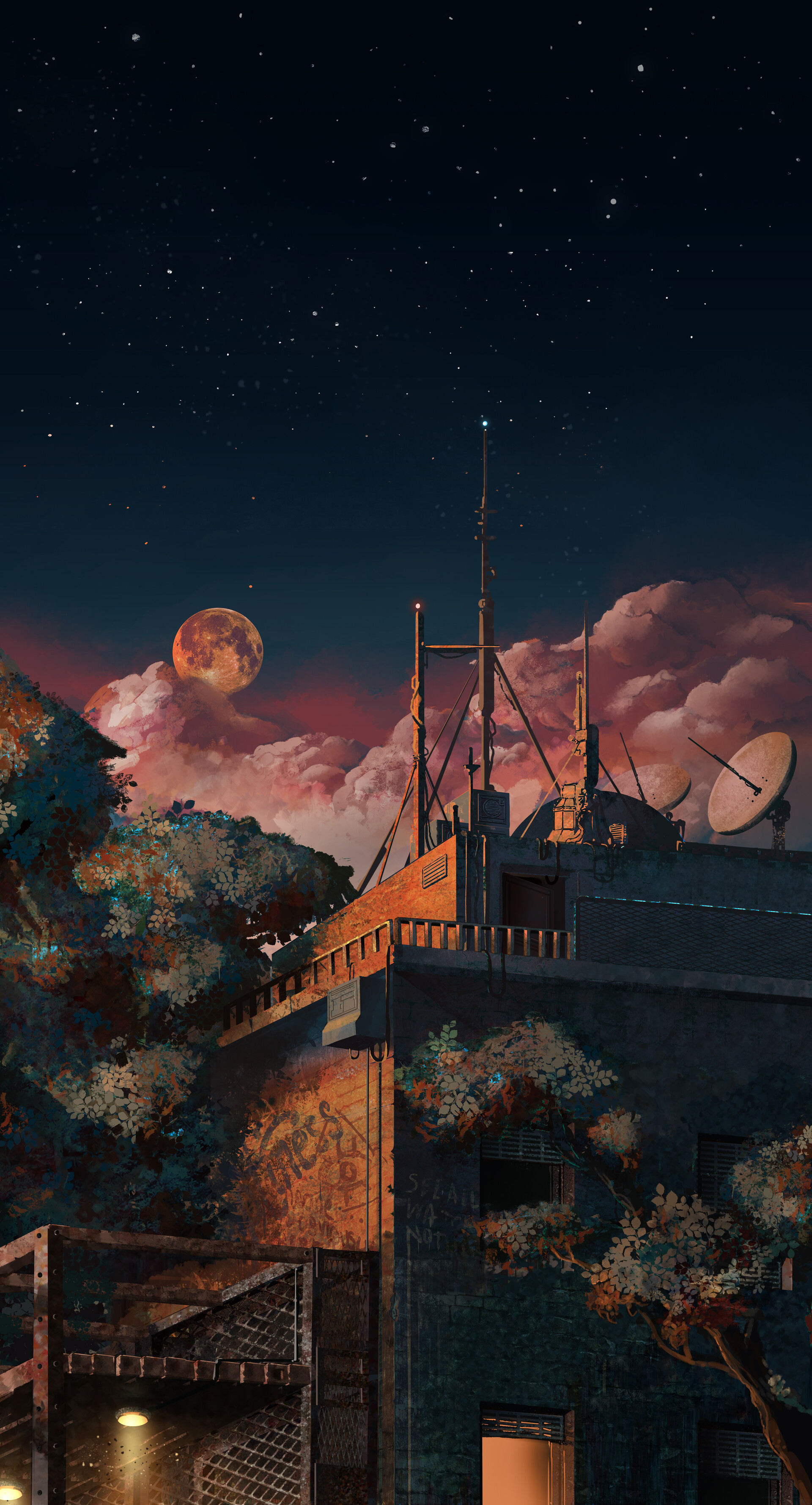 Phone Wallpaper building, starry sky, night, antennas