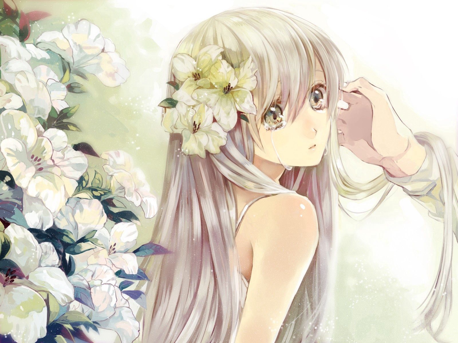 sadness, blonde, anime, flowers, girl, tears 4K