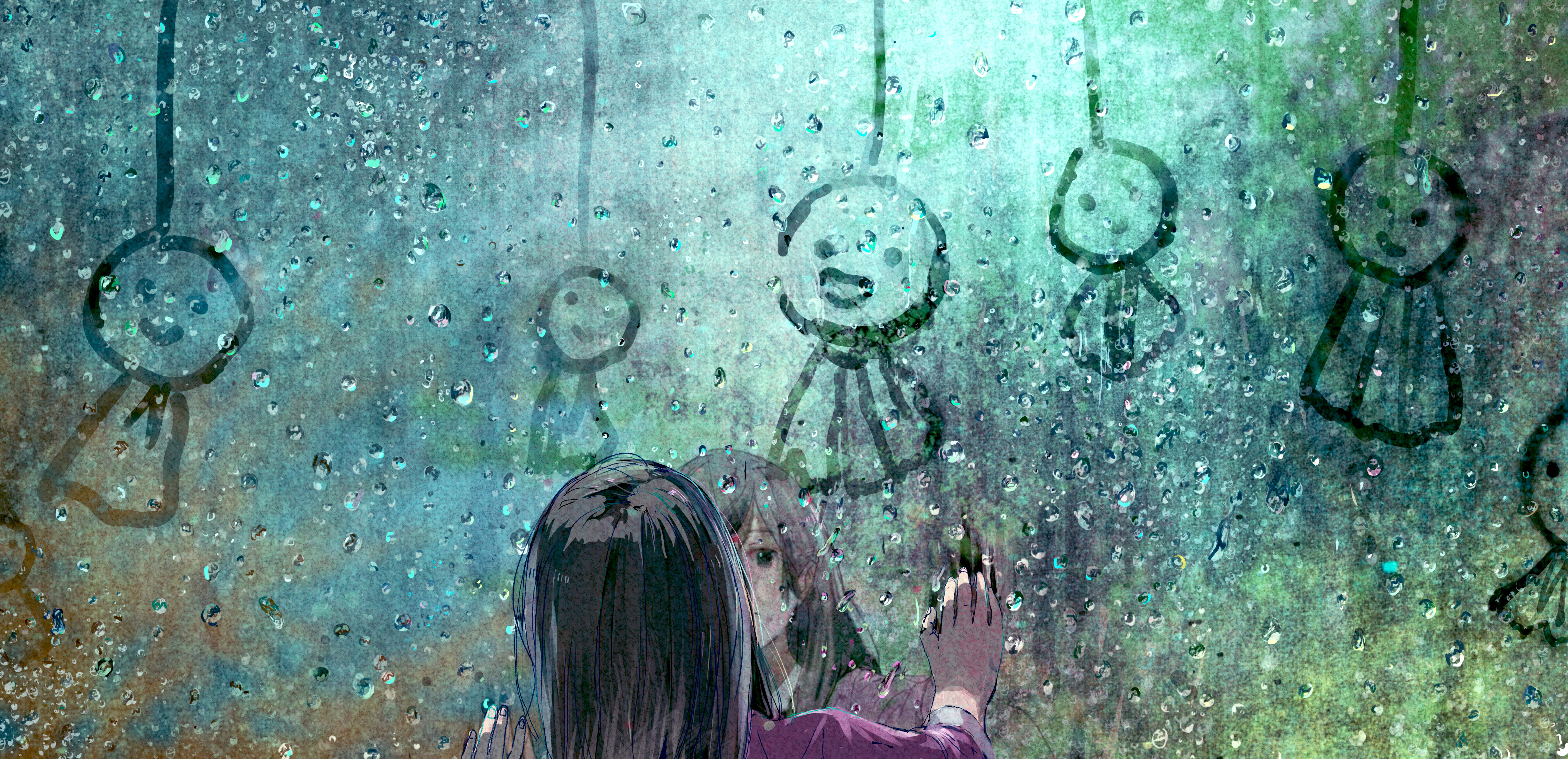 girl, reflection, glass, anime, water drop