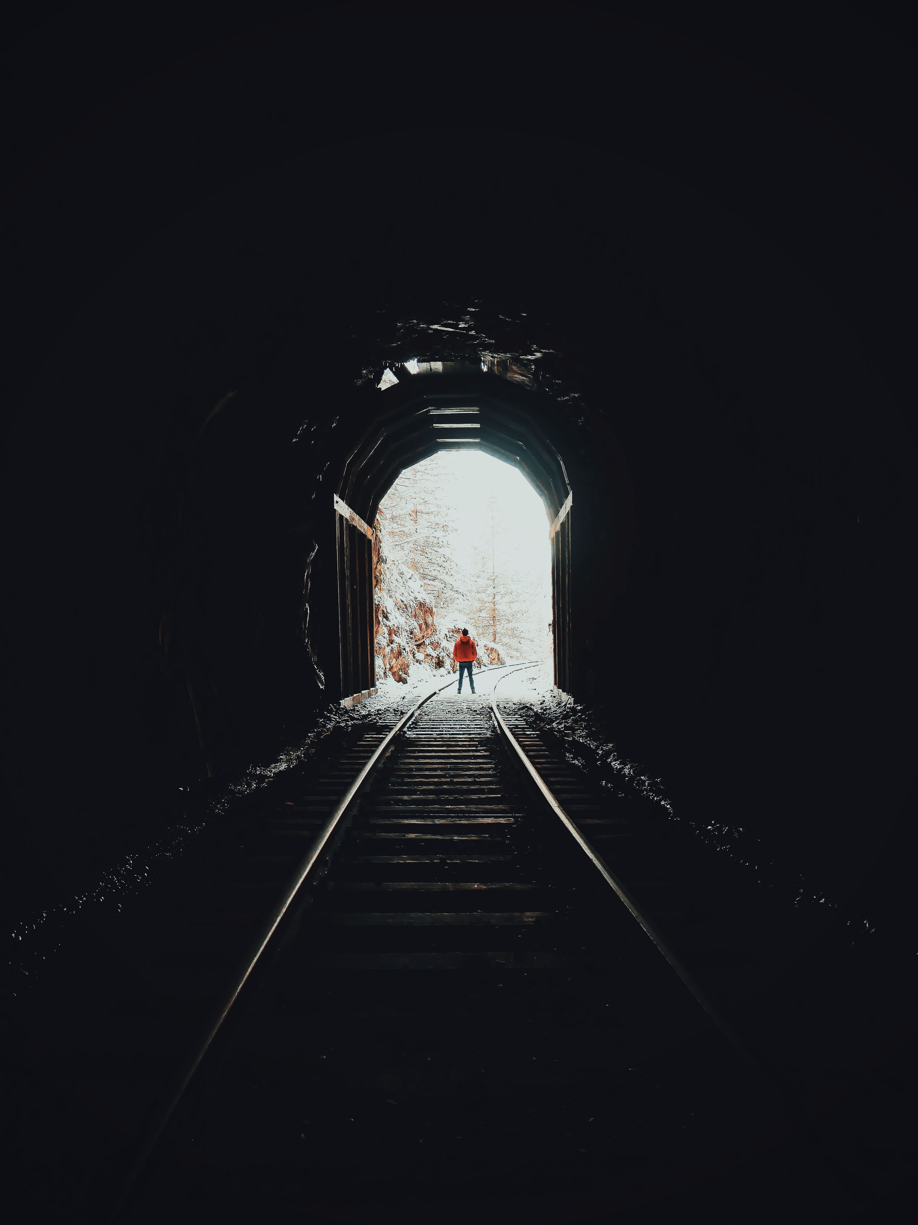 miscellaneous, silhouette, miscellanea, rails, tunnel, dark