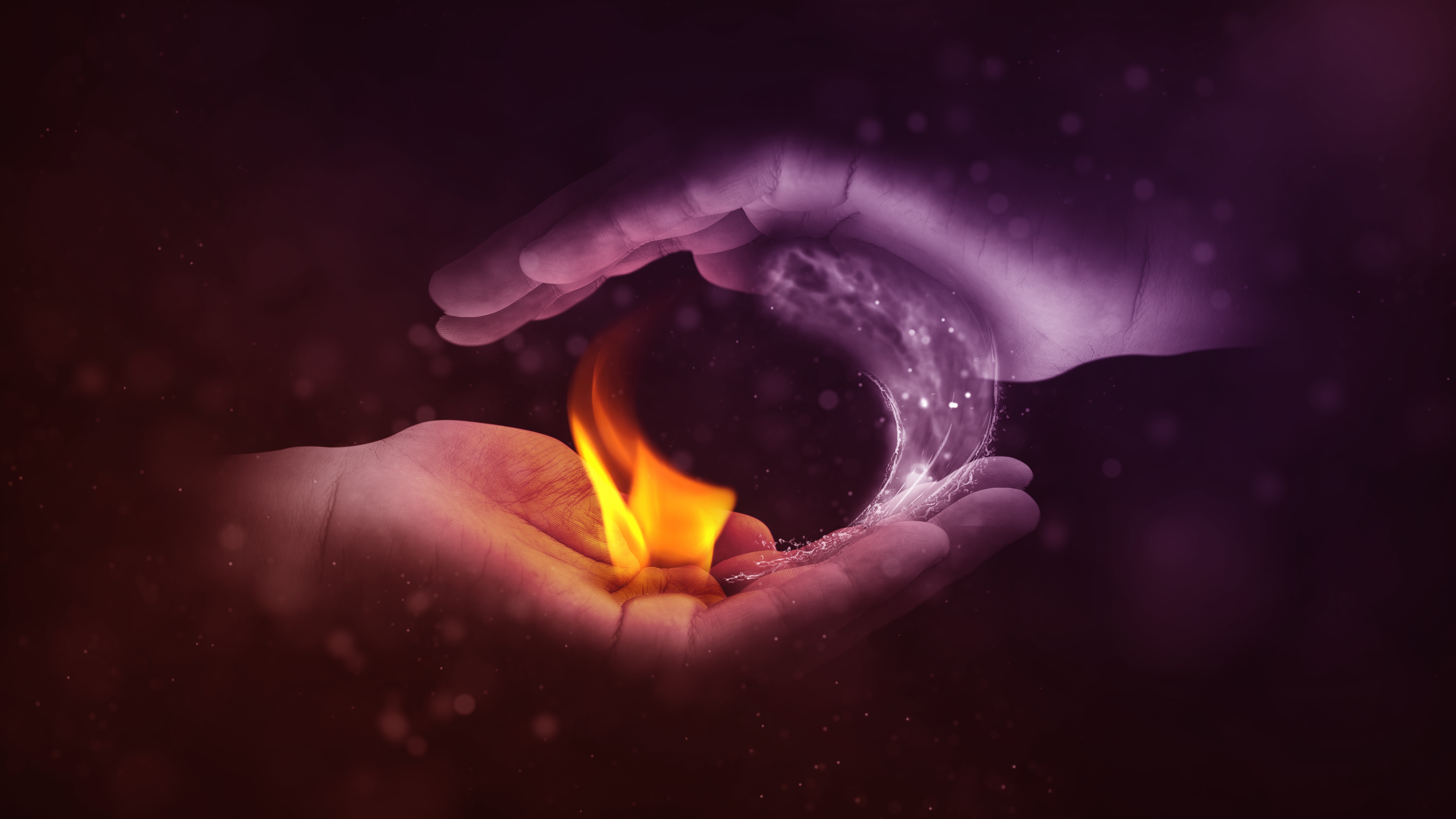 hands, water, fire, miscellanea, miscellaneous, photoshop Full HD