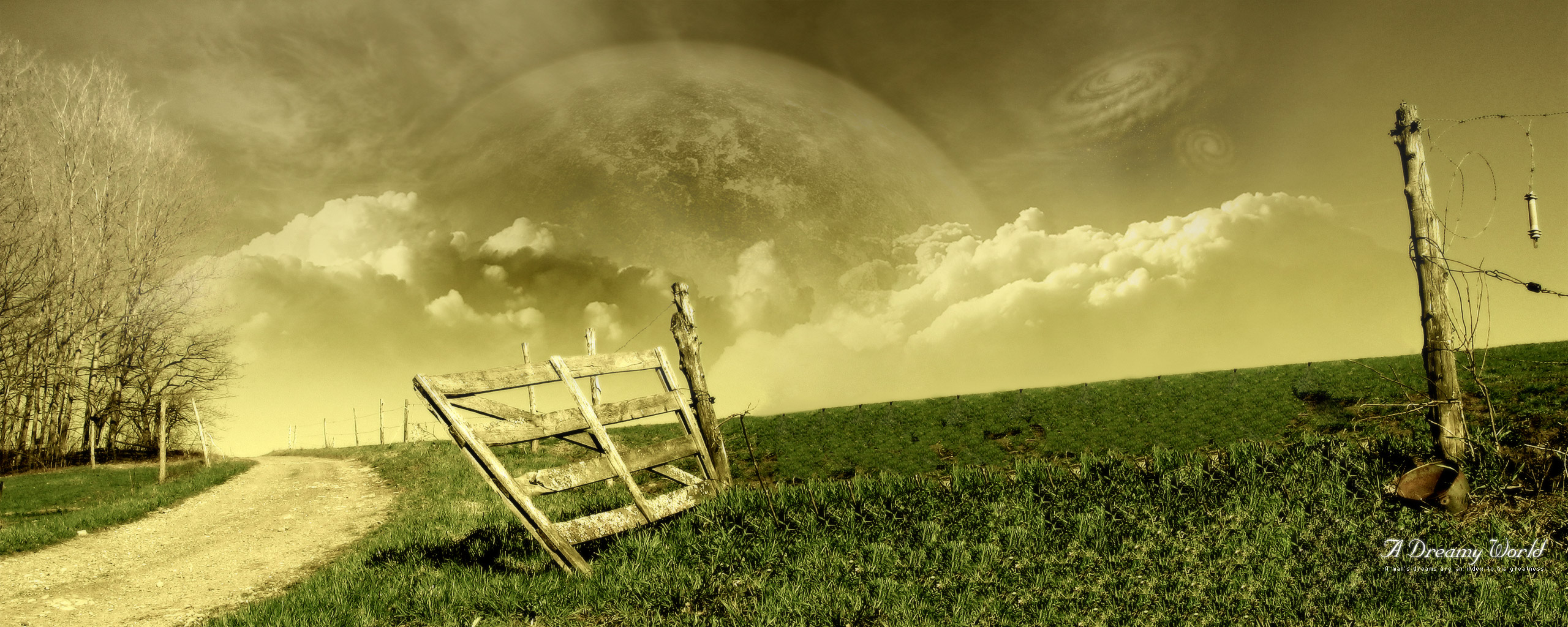 field, fence, earth, galaxy, moon, a dreamy world, space