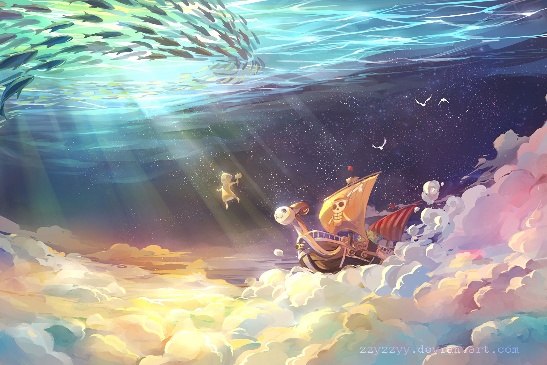 one piece, anime, going merry (one piece), underwater
