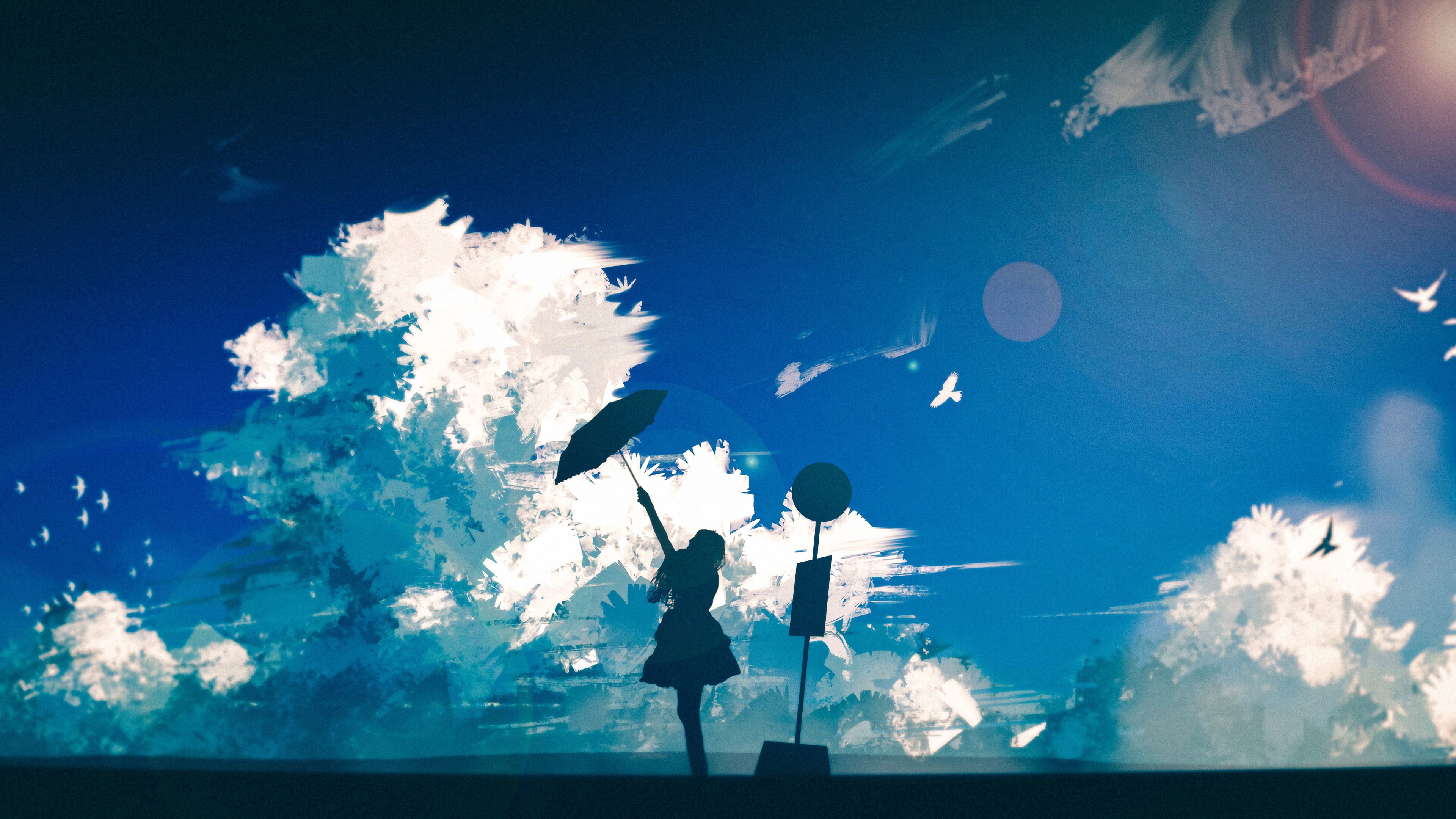 art, clouds, silhouette, girl, umbrella