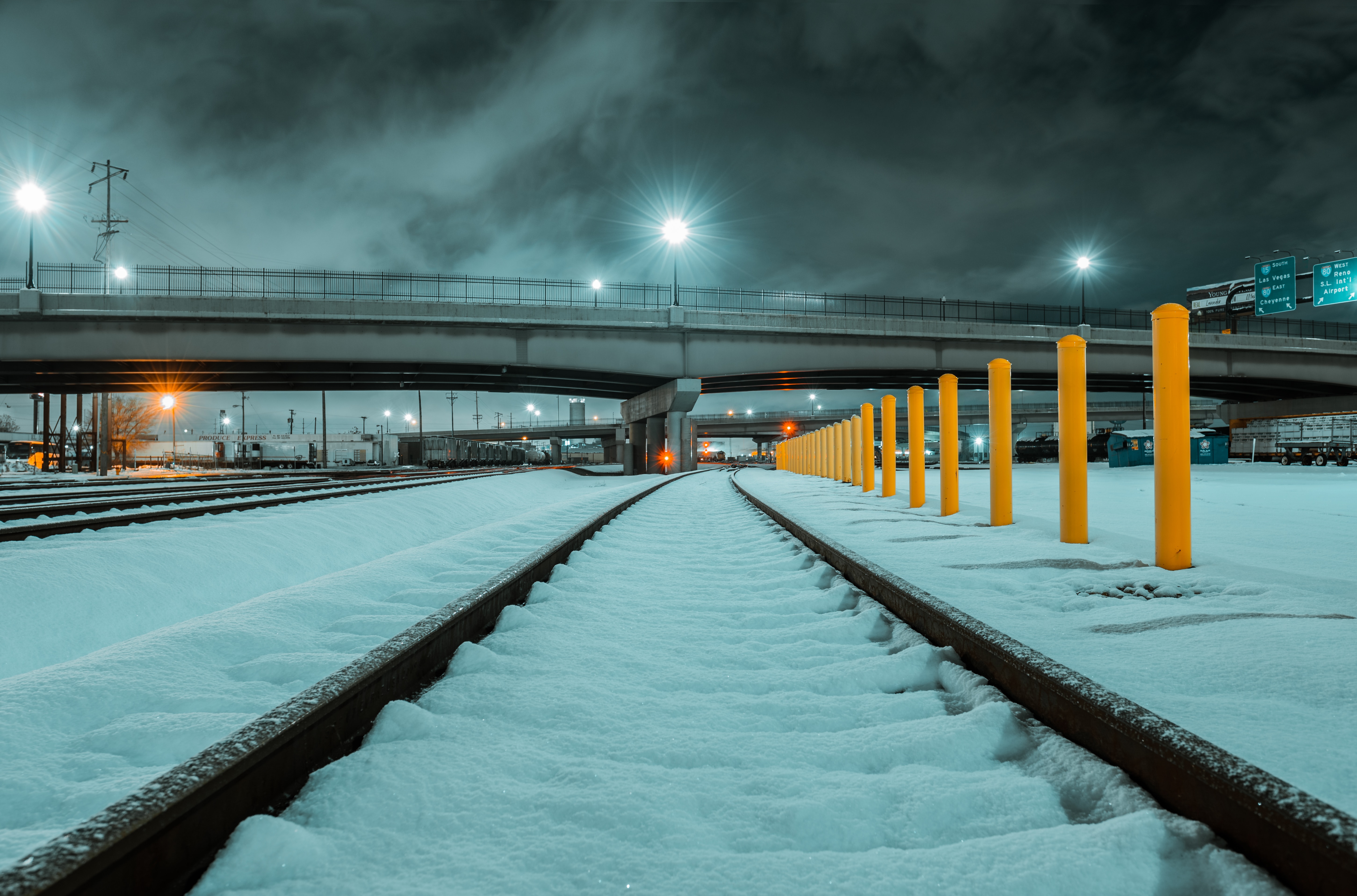 snow, winter, miscellanea, miscellaneous, bridge, railway, rails phone wallpaper
