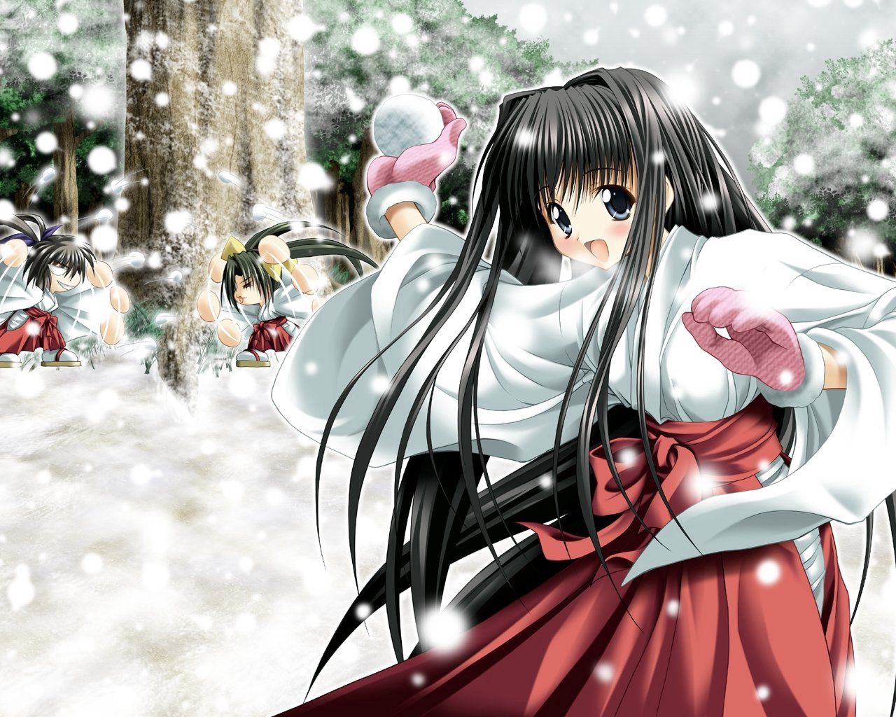 brunette, game, anime, snowball fight HD Mobile