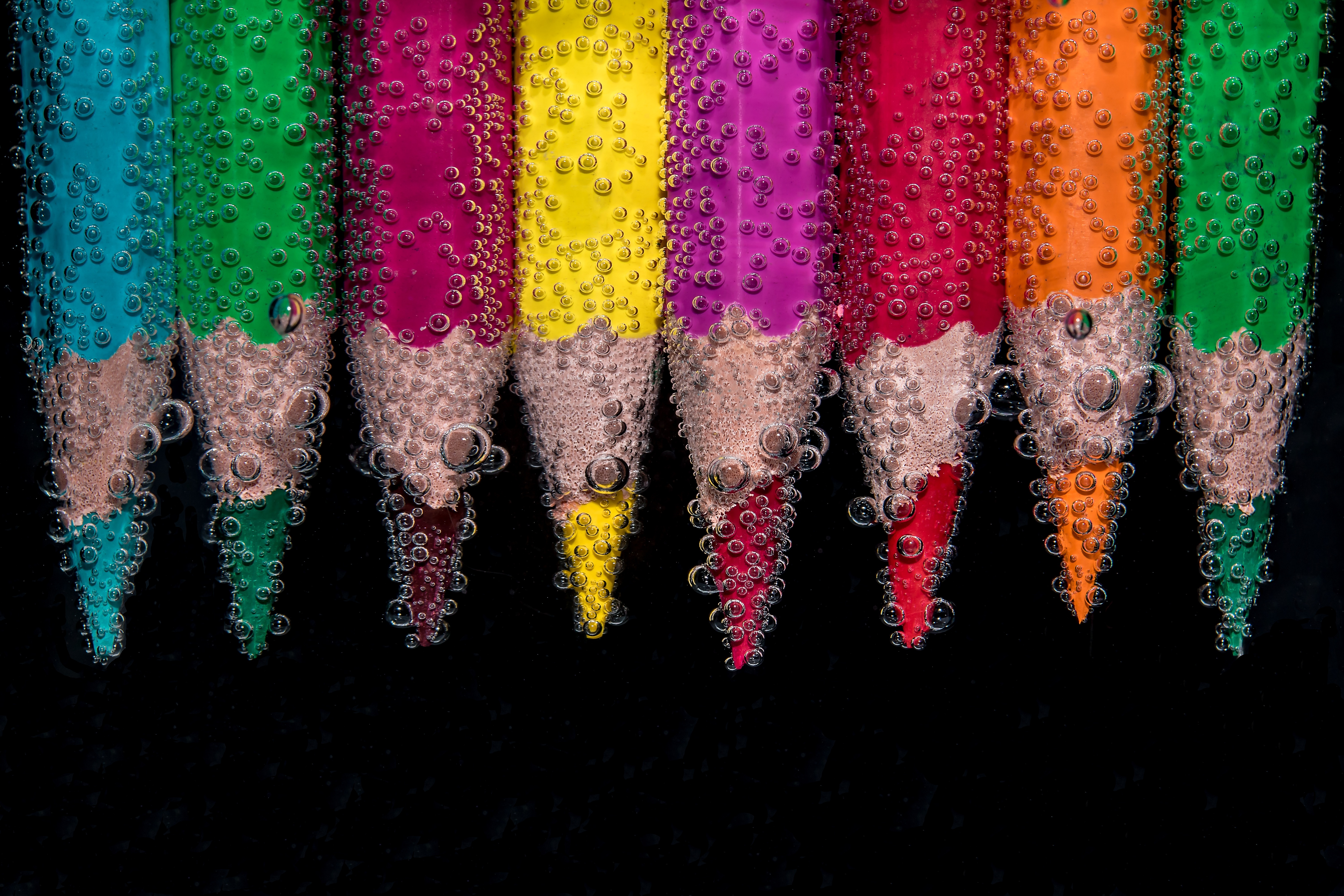 bubbles, macro, close up, colored pencils, colour pencils HD wallpaper