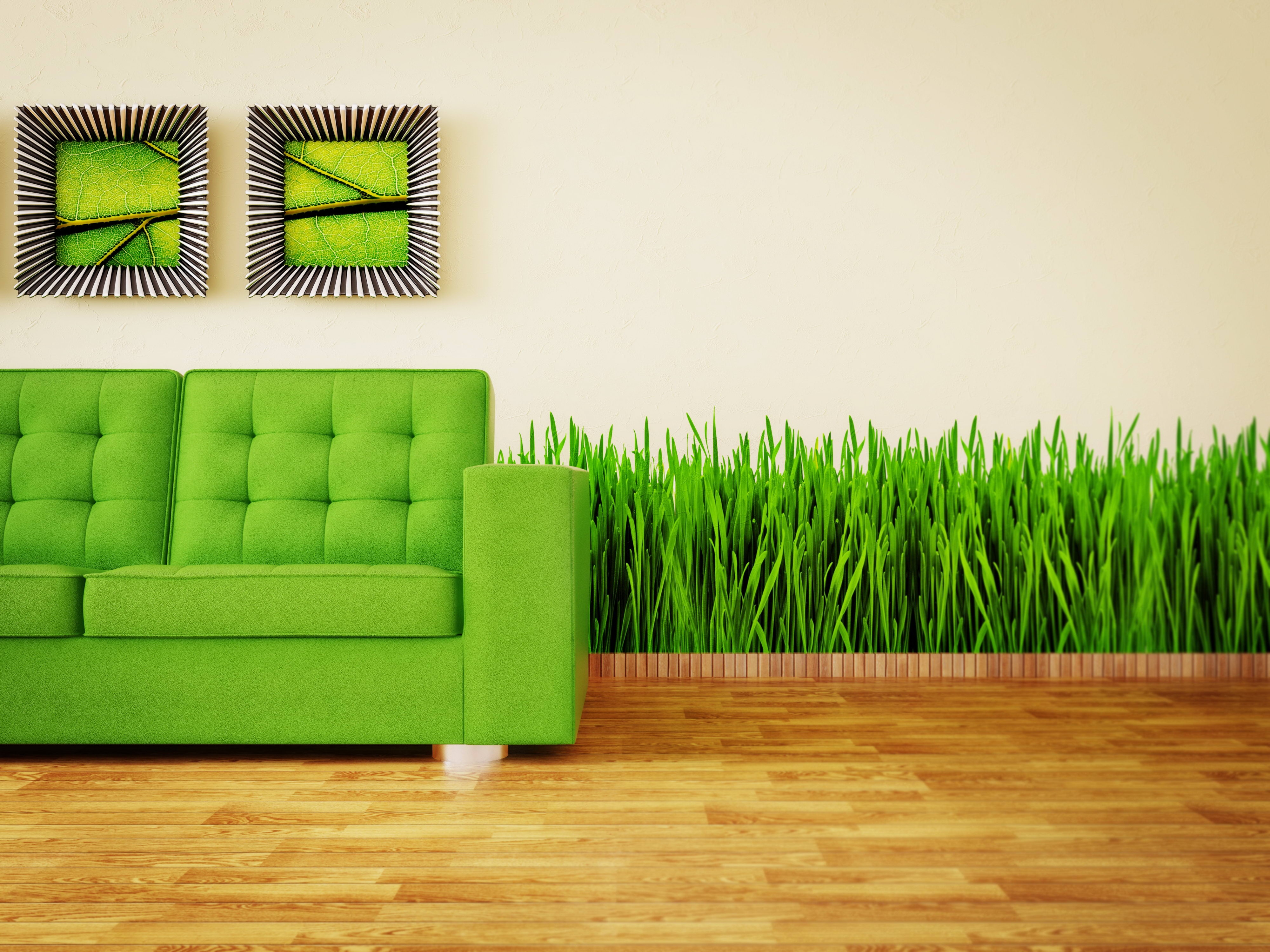 145753 download wallpaper interior, grass, paintings, miscellanea, miscellaneous, greens, sofa screensavers and pictures for free