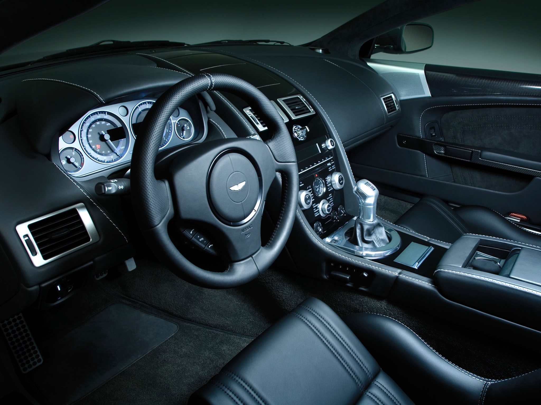 black, interior, aston martin, cars, dbs, 2008, steering wheel, rudder, salon, speedometer