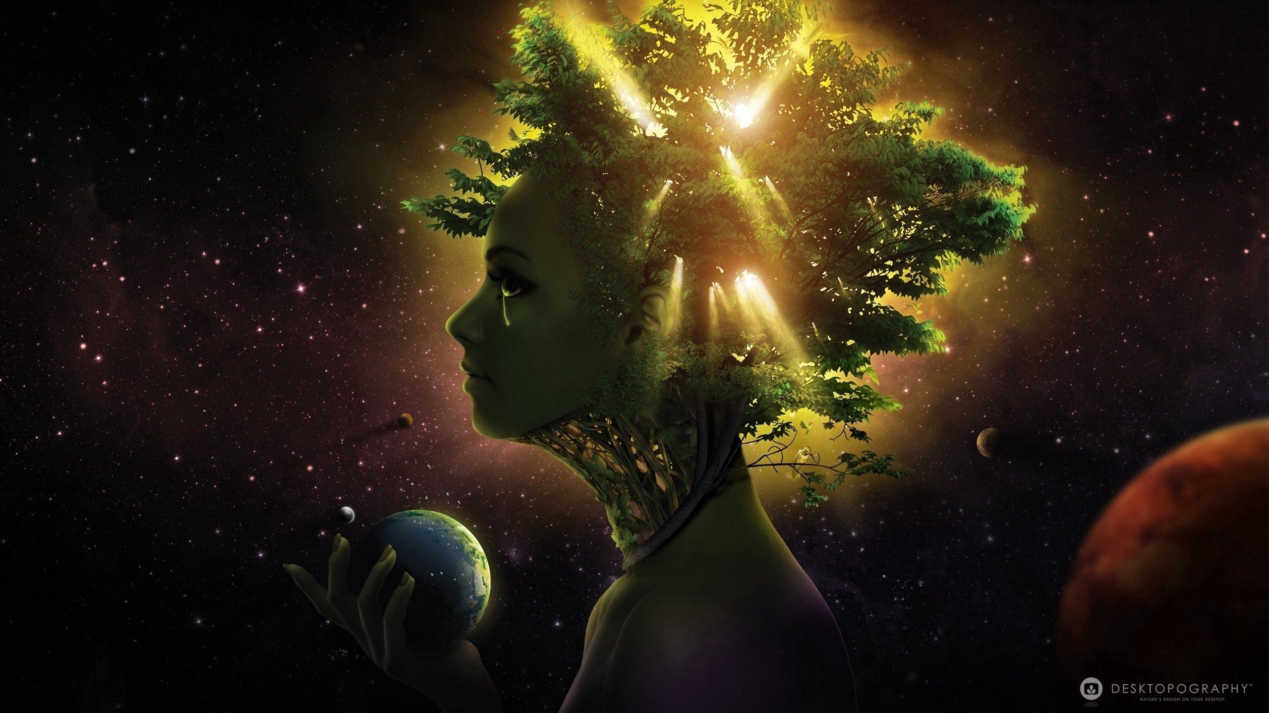 Download mobile wallpaper Tree, 3D, Universe, Wood, Girl, Ball, Face for free.