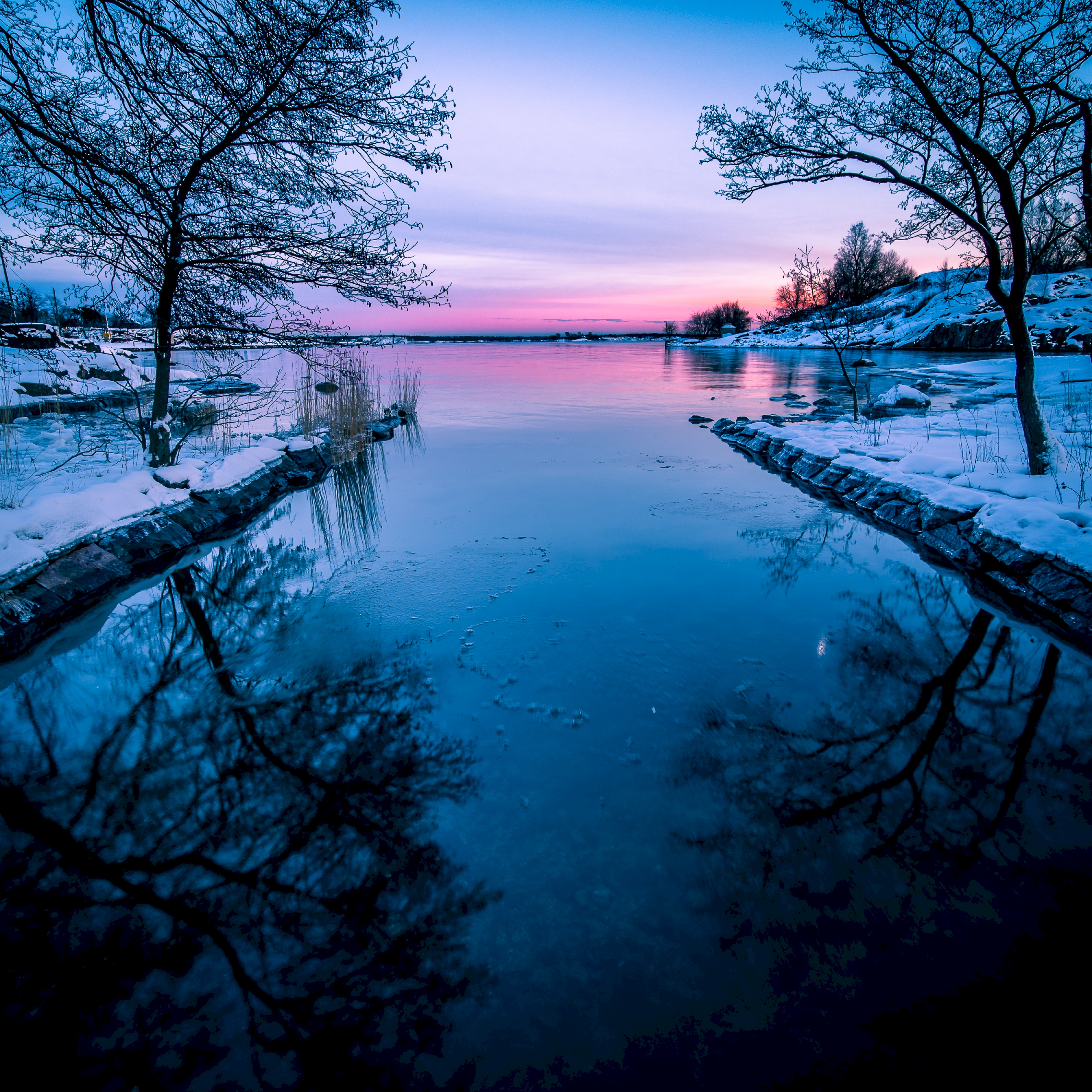 winter, nature, sunset, horizon, lake phone wallpaper