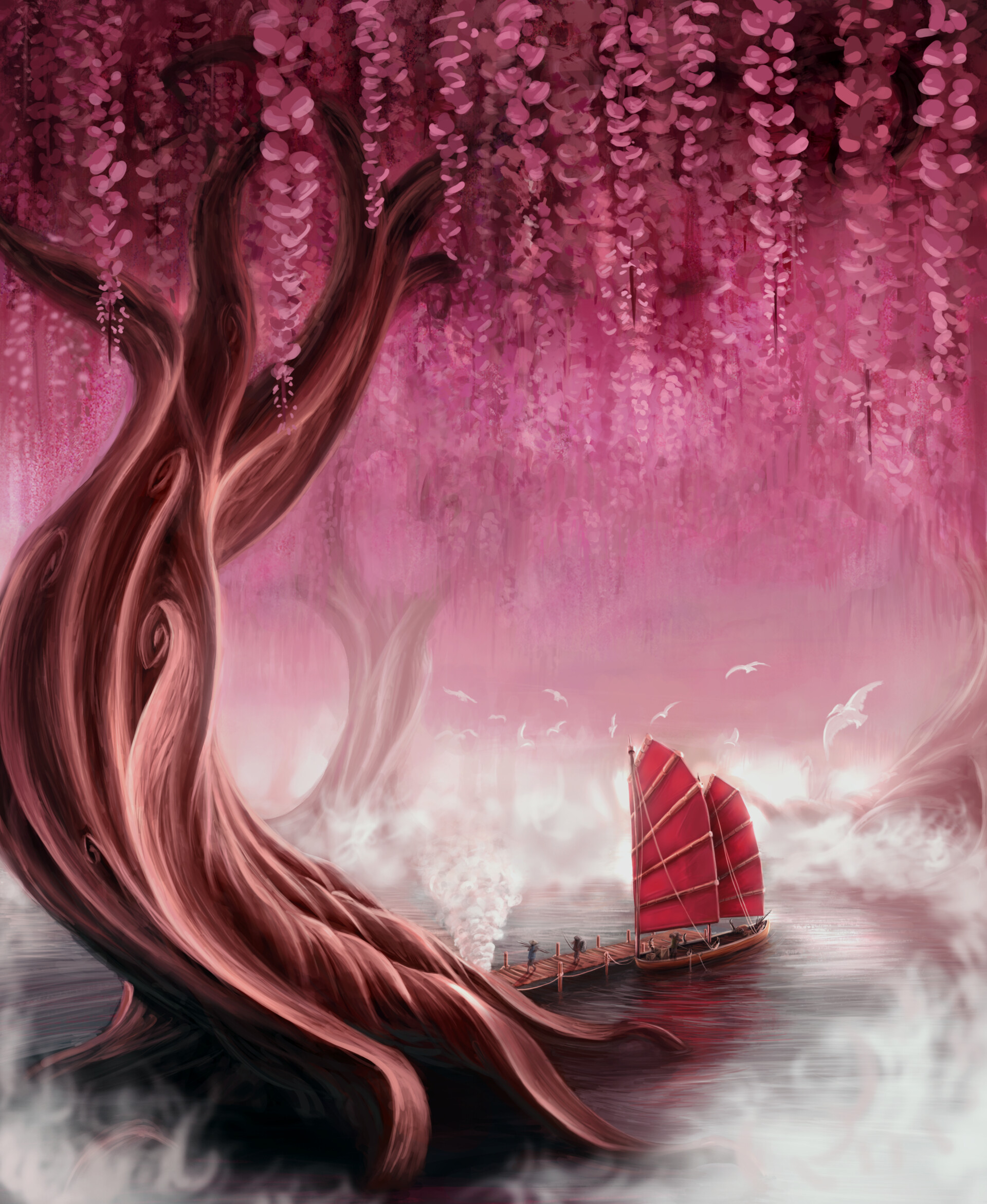 tree, sails, art, pier HD Mobile