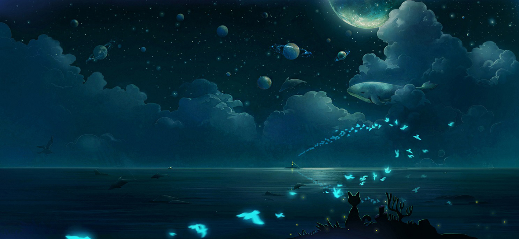 moon, star, landscape, fish, cloud, cat, whale, planet, night, bird, sky, ocean, anime 2160p