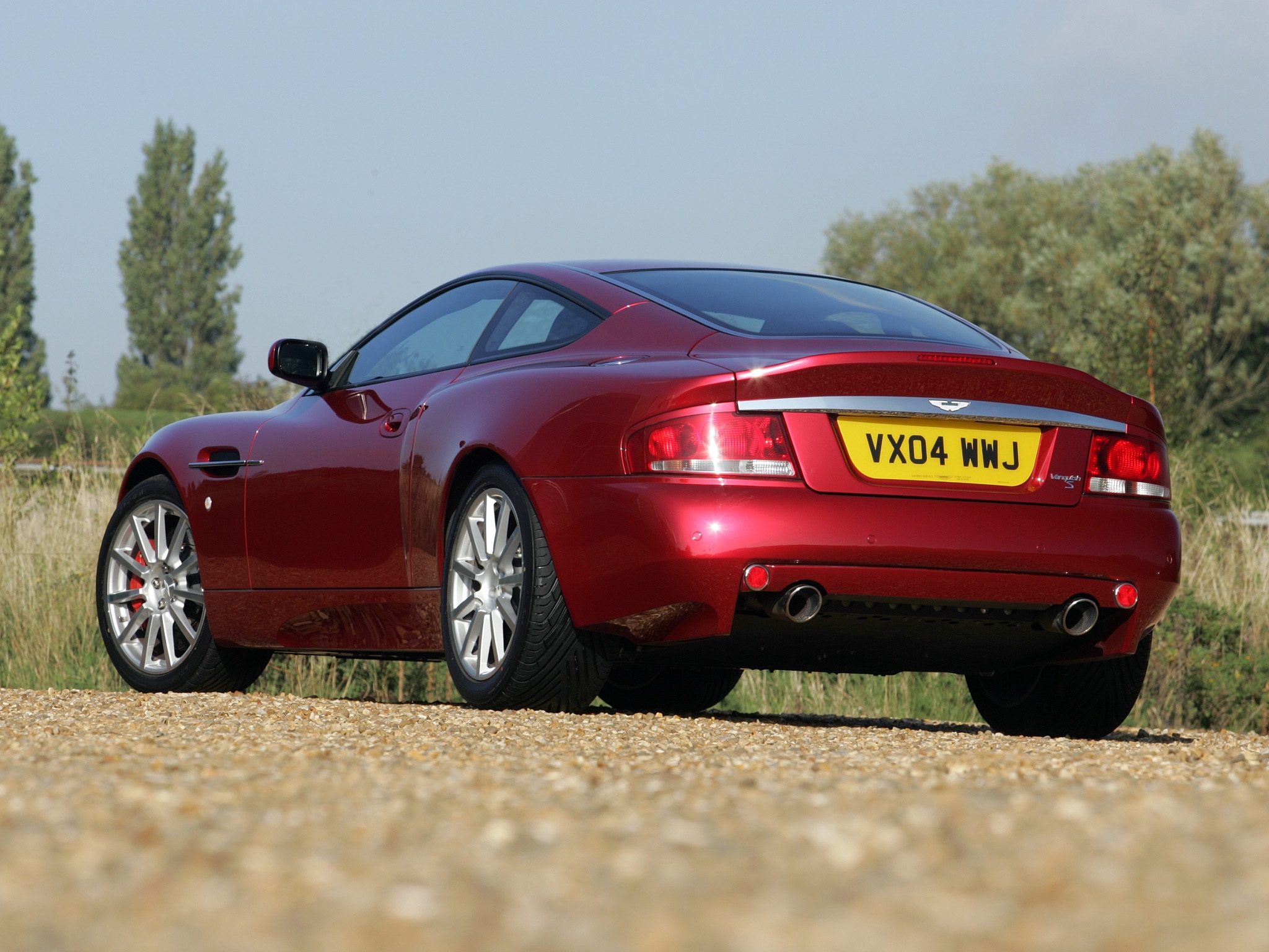 cars, nature, aston martin, red, back view, rear view, style, 2004, v12, vanquish lock screen backgrounds
