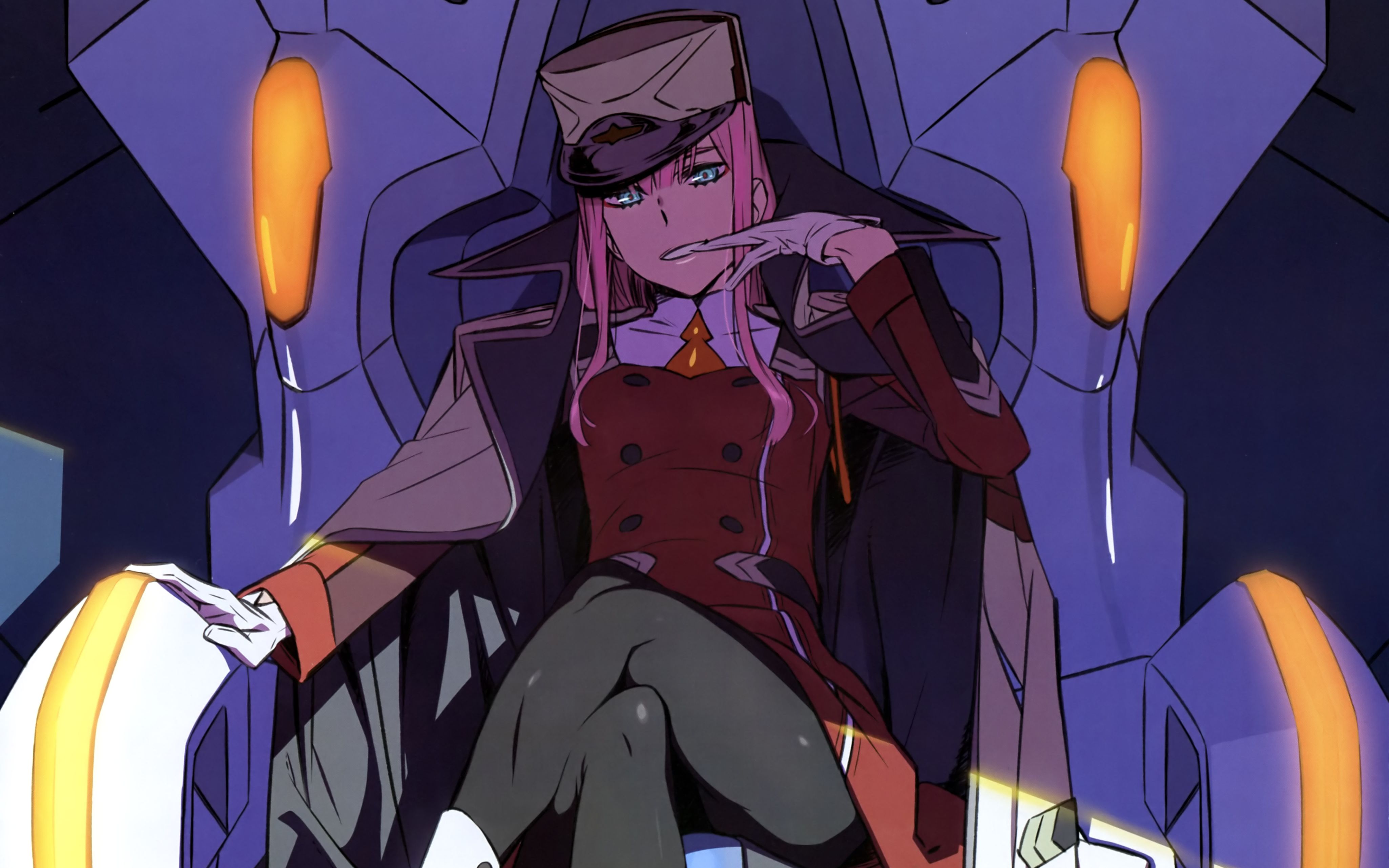 zero two (darling in the franxx), long hair, anime, darling in the franxx, blue eyes, glove, hat, pantyhose, pink hair, smile