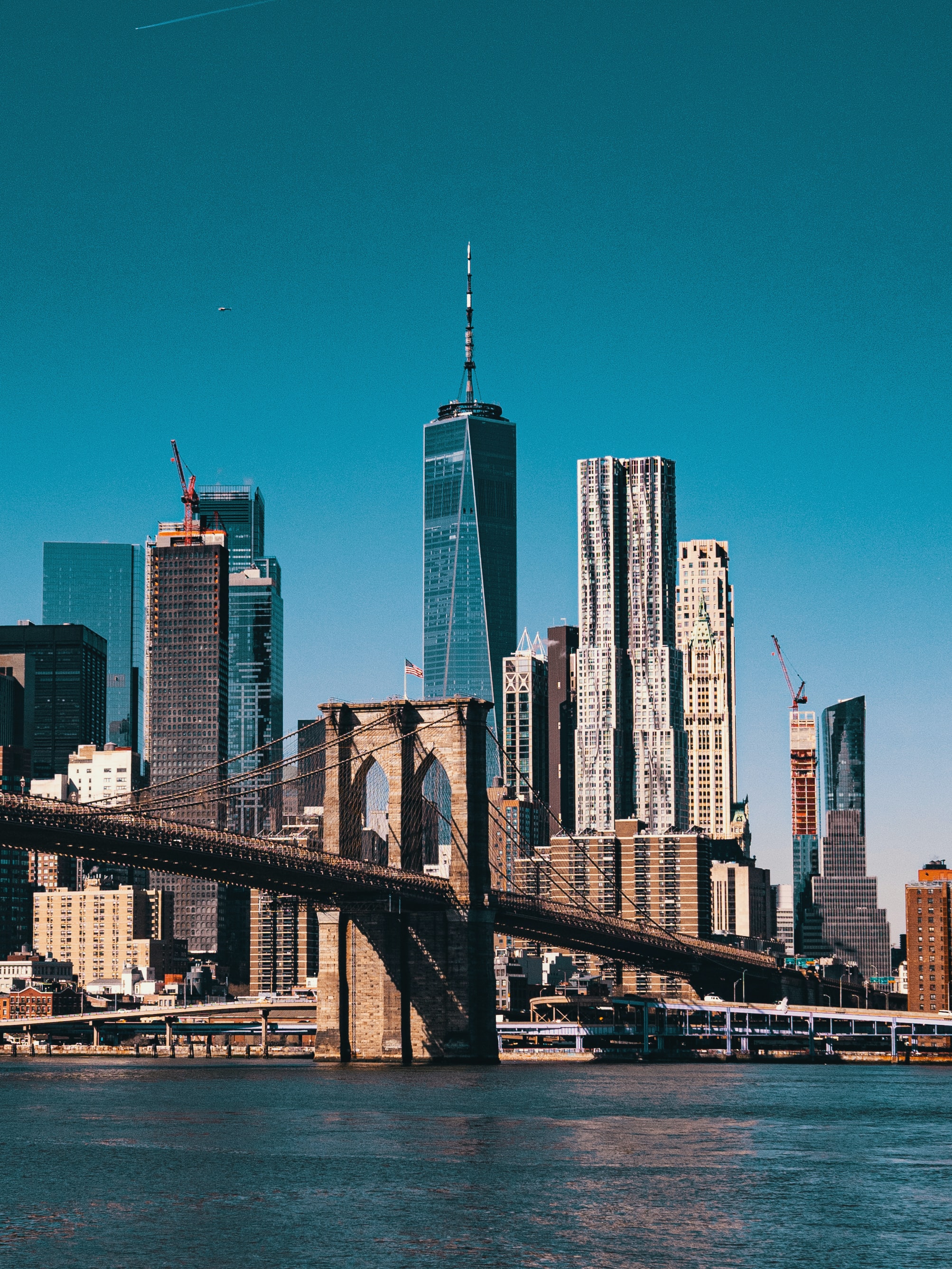 112950 скачать обои нью-йорк, города, река, город, здания, мост - заставки и картинки бесплатно