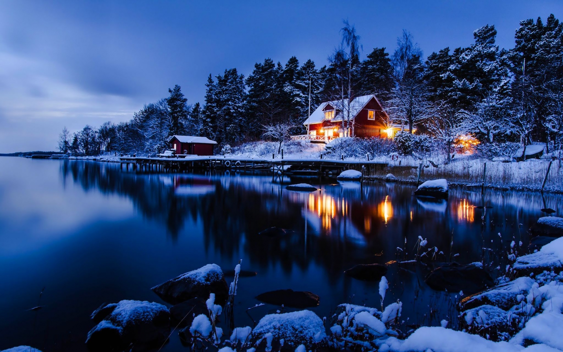 landscape, winter, houses, blue