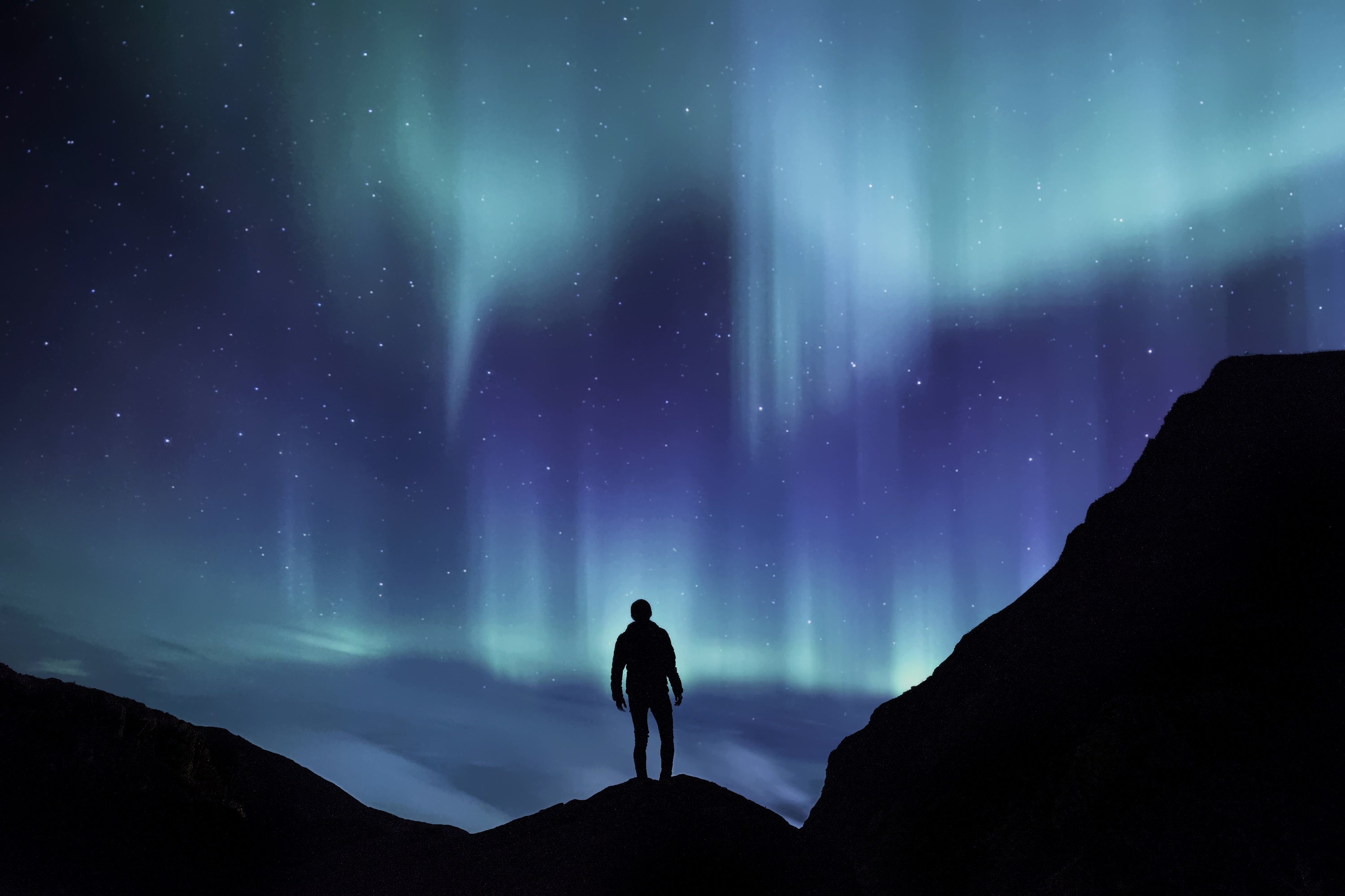 northern lights, mountains, dark, silhouette, starry sky, aurora borealis, phenomenon 32K