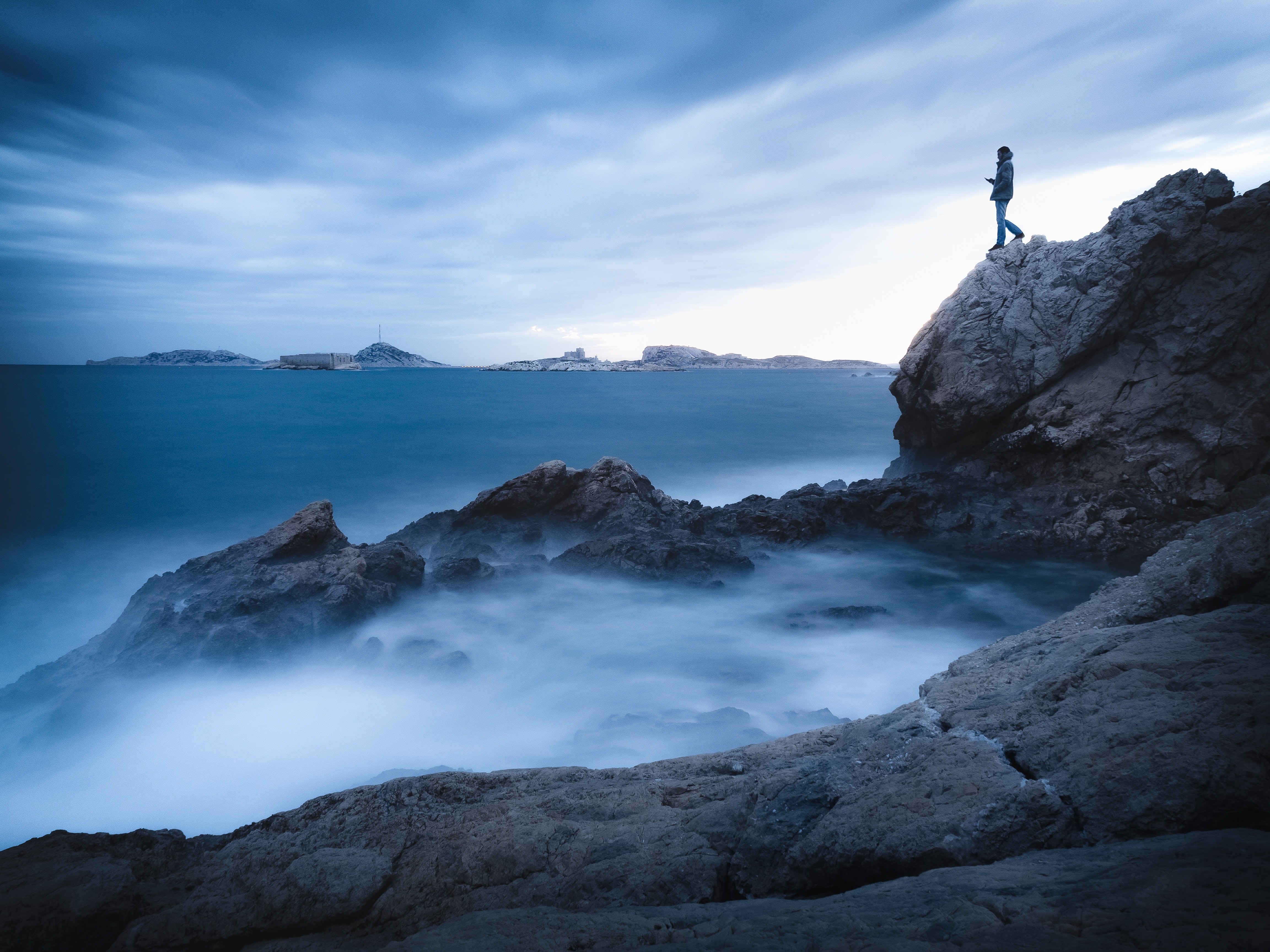 sea, rock, break, loneliness, nature, water, precipice, human, person HD wallpaper