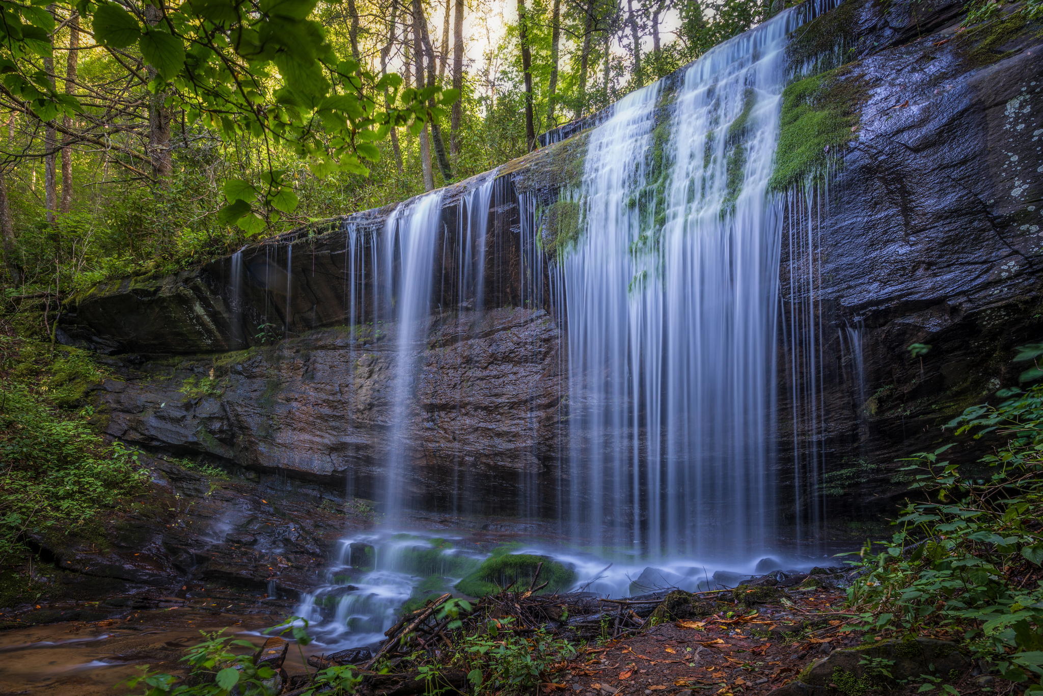 waterfall, trees, nature, grass, rock iphone wallpaper