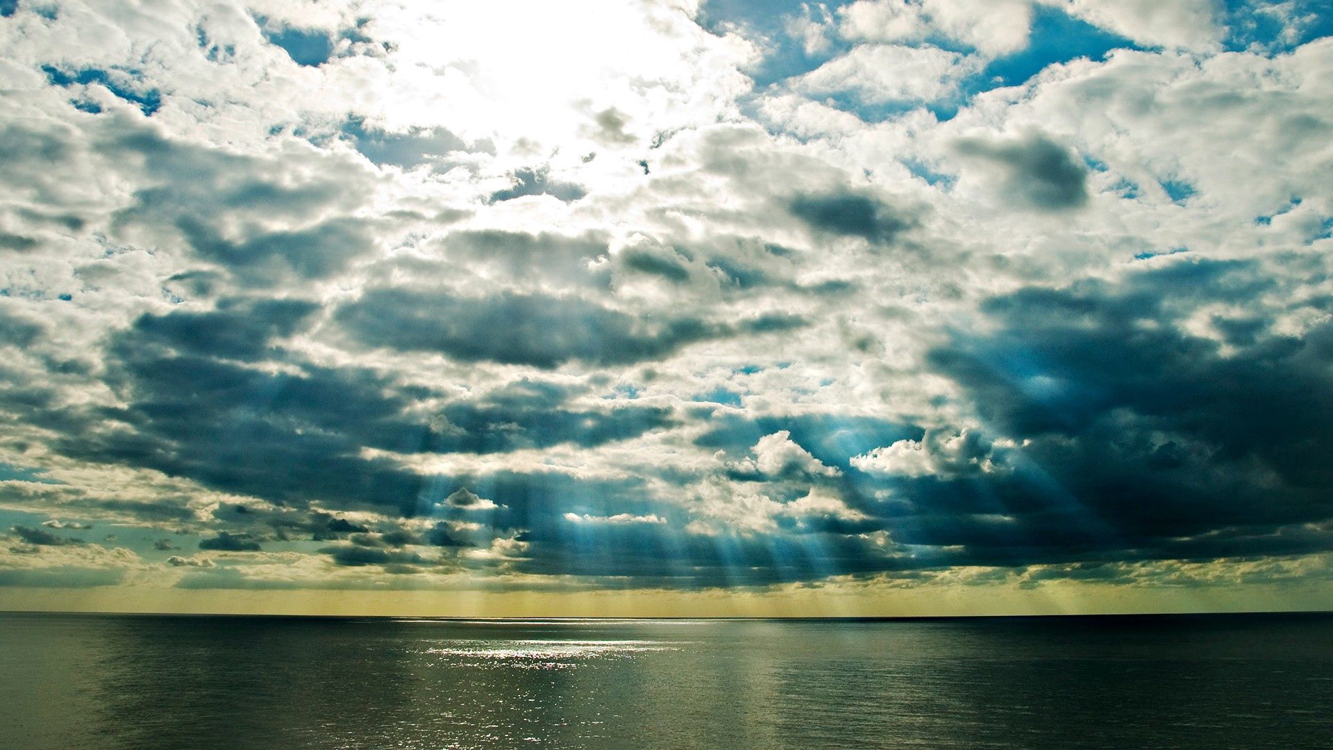 clouds, nature, sea, sun, shine, light, rays, beams, colors, color