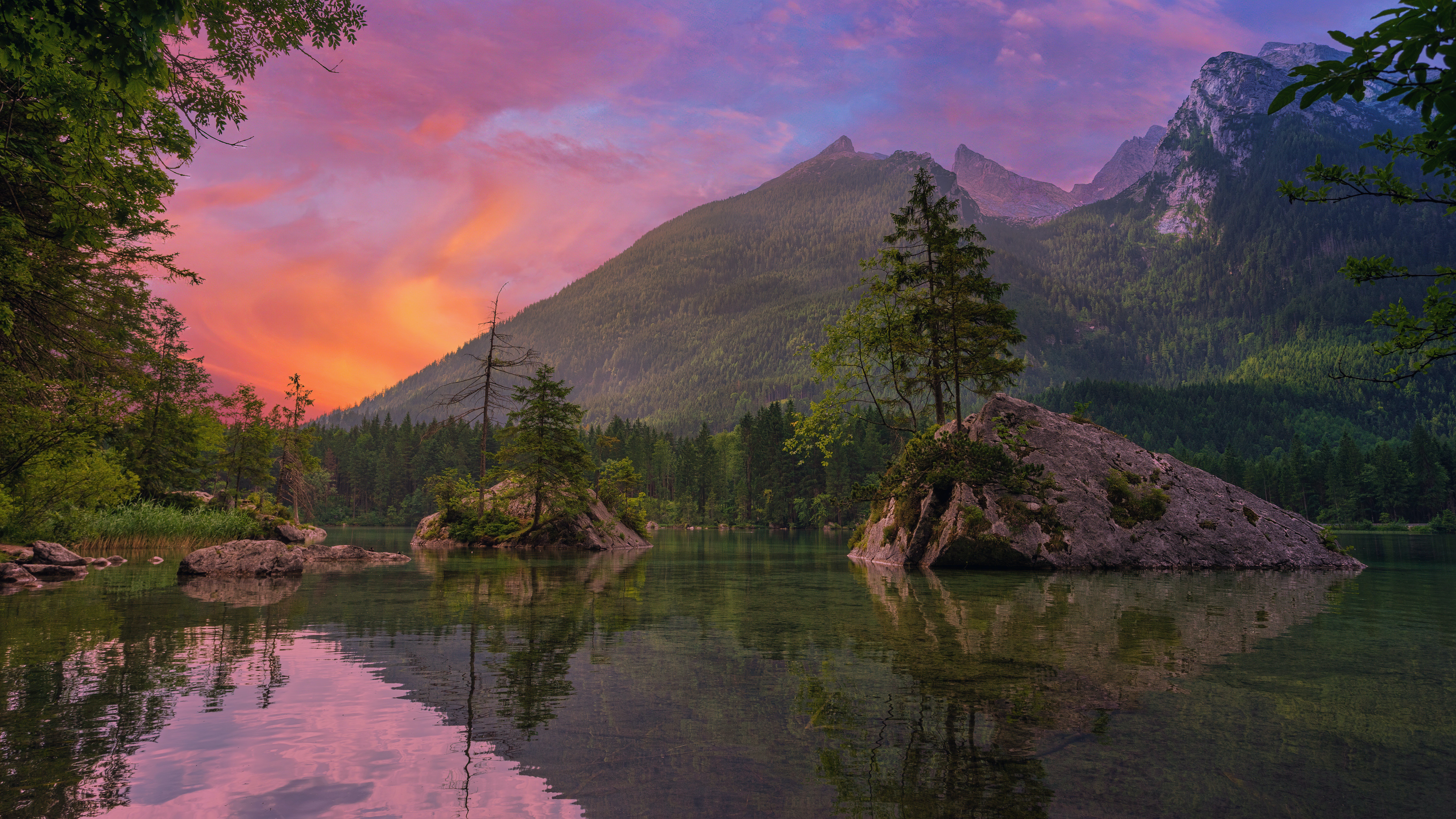 earth, lake, bavaria, forest, germany, mountain, reflection, spruce, stone, sunset, lakes phone background
