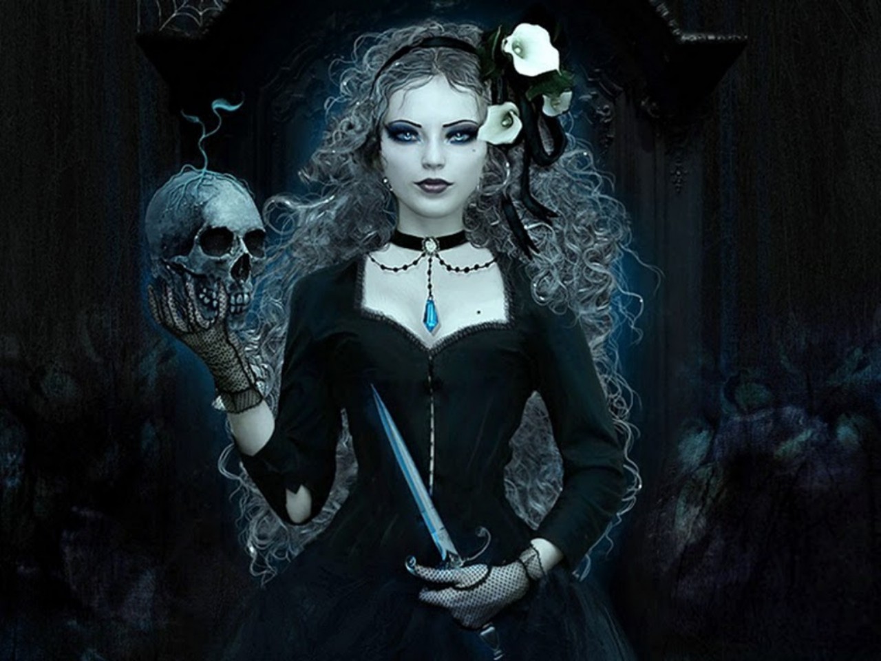 skull, dark, gothic, dagger HD wallpaper