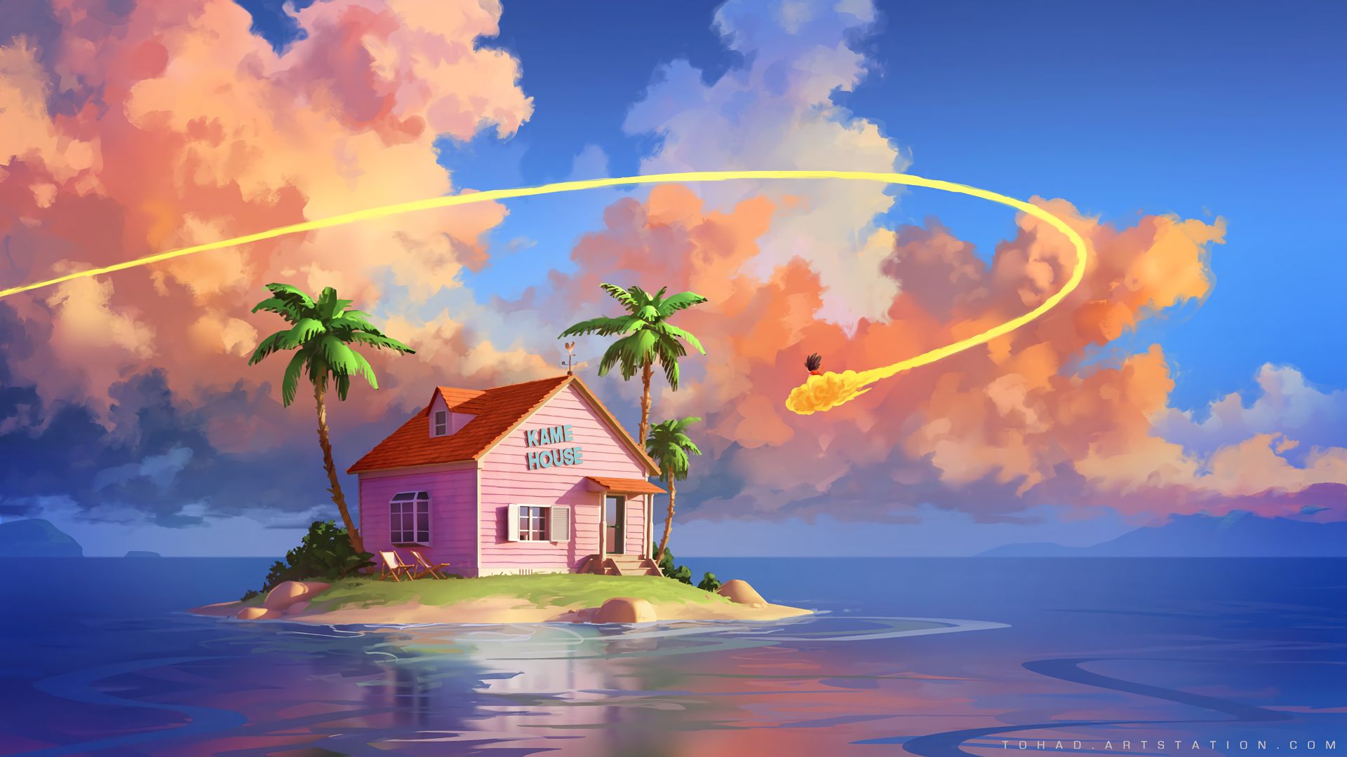 island, kame house, goku, house, dragon ball, cloud, anime UHD