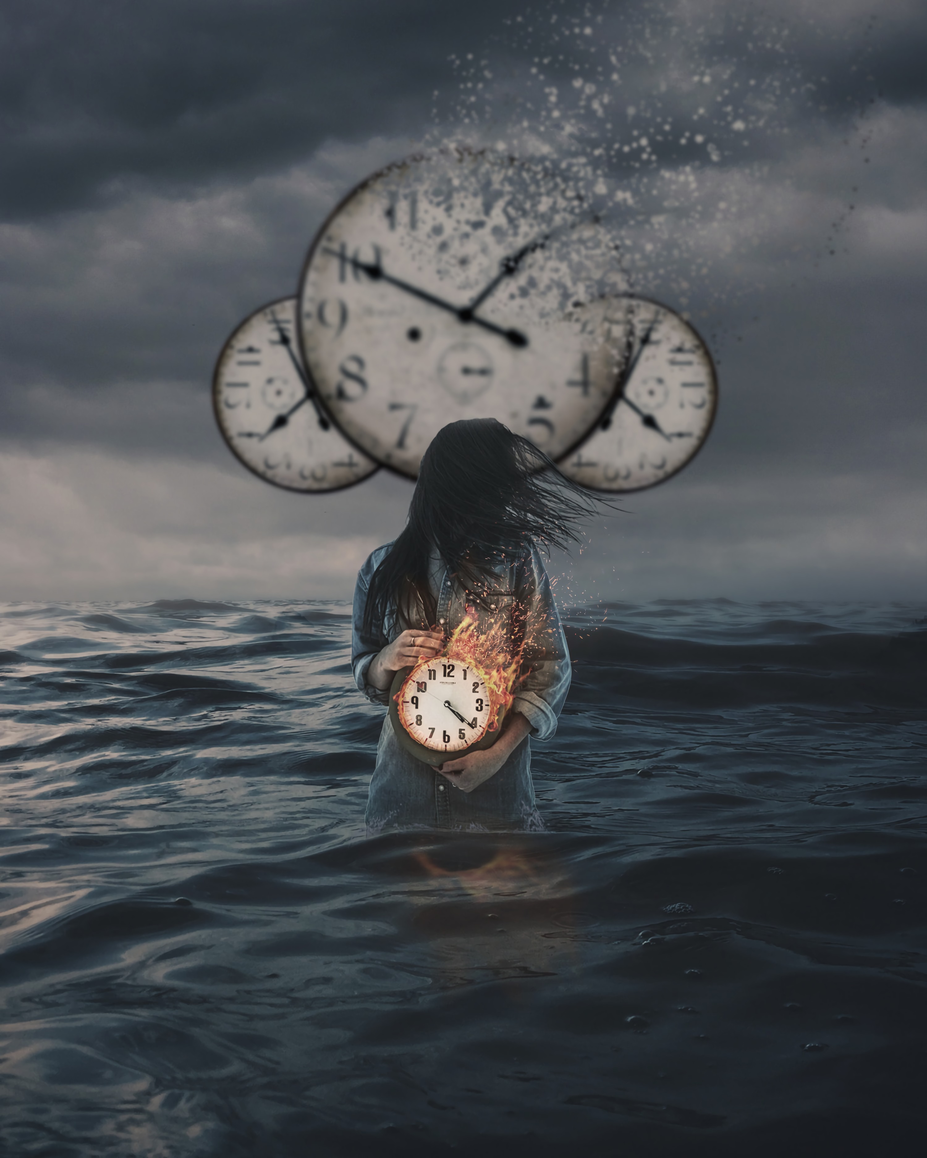 girl, fire, clock, miscellanea, miscellaneous, photoshop, time, it's time