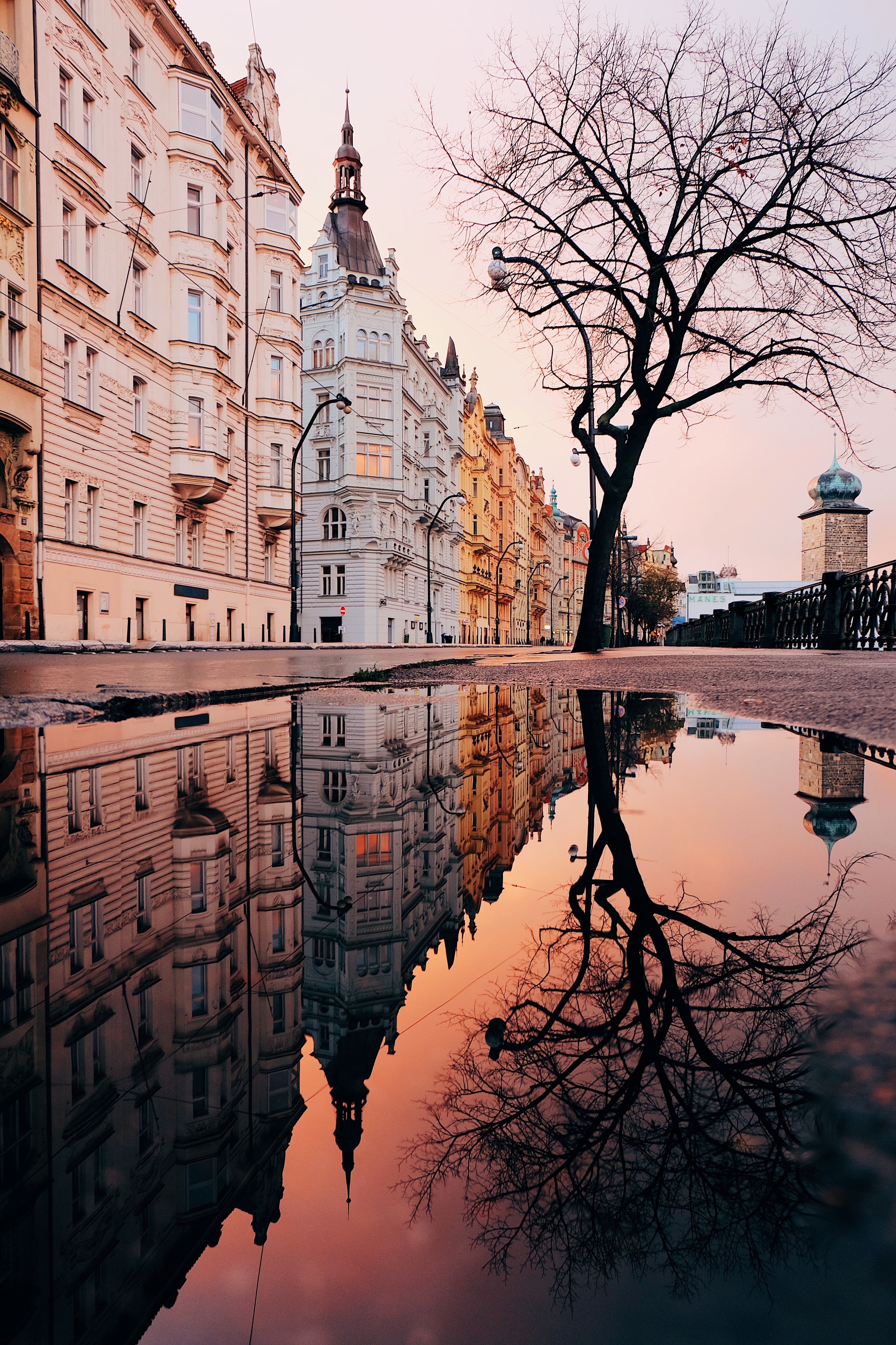 city, puddle, prague, czech republic Windows Mobile Wallpaper