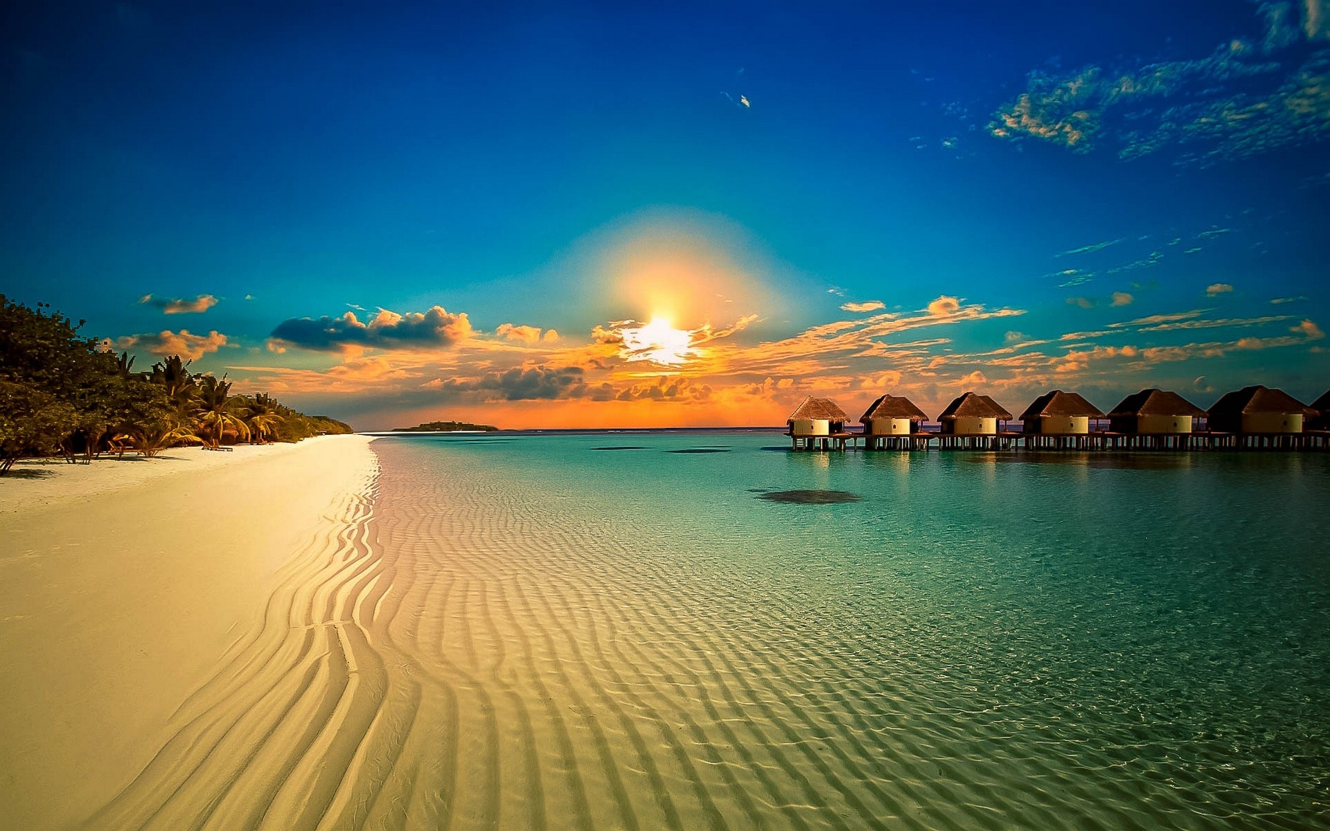 resort, bungalow, hut, tropical, horizon, man made, sand, ocean, beach, sunset