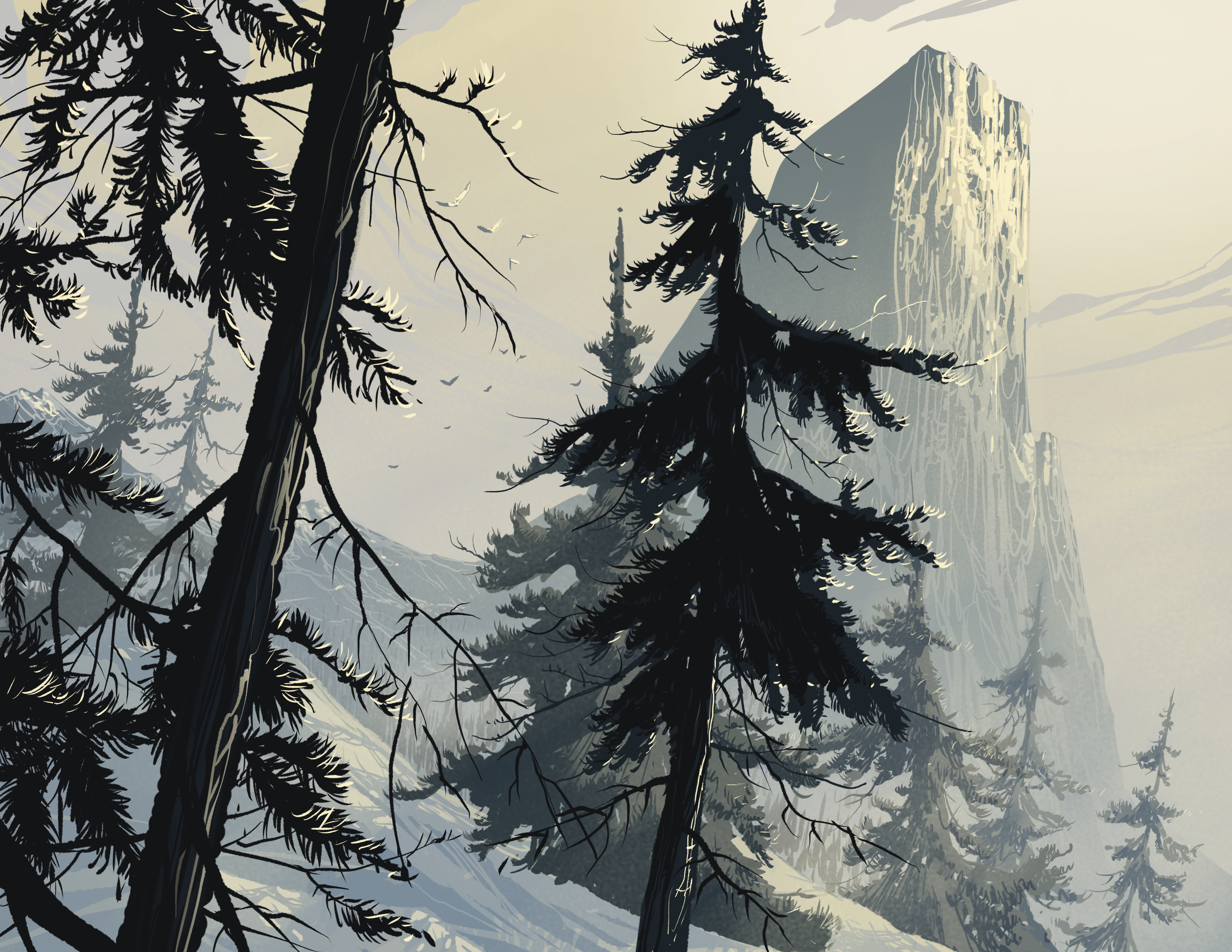 vector, art, winter, forest, branches, spruce, fir Phone Background