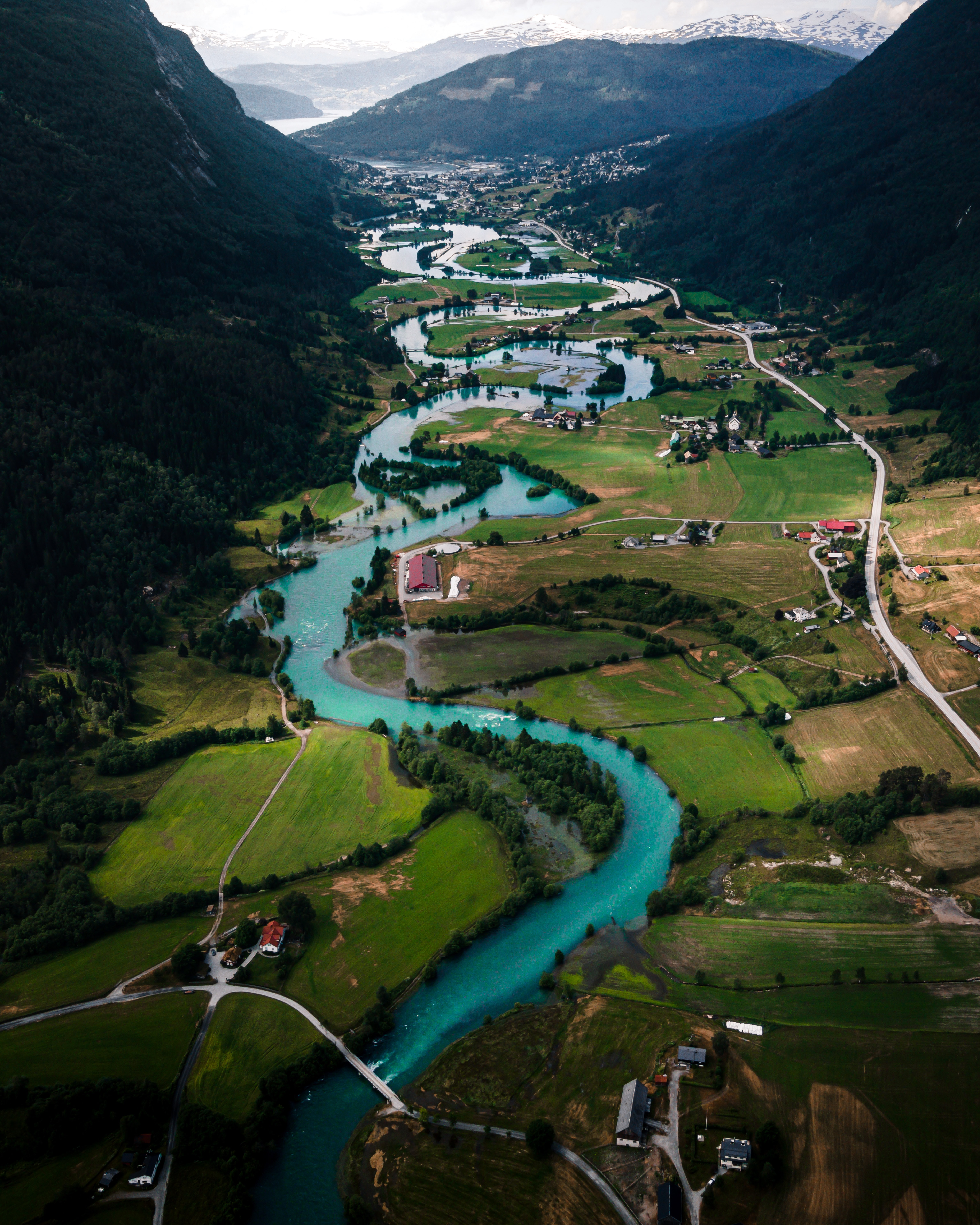 rivers, winding, nature, building, sinuous, mountains, village