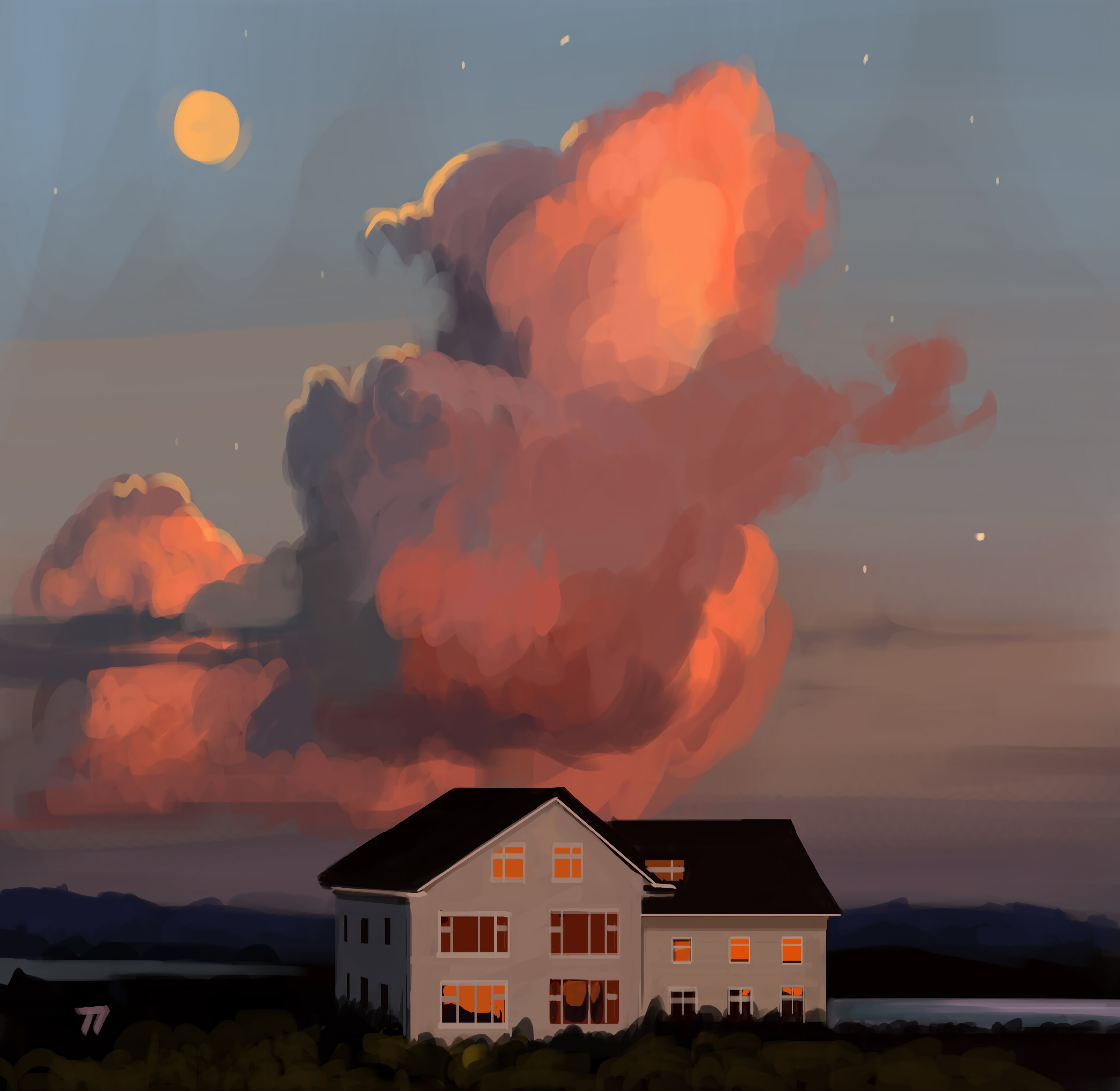 house, windows, sky, art HD wallpaper