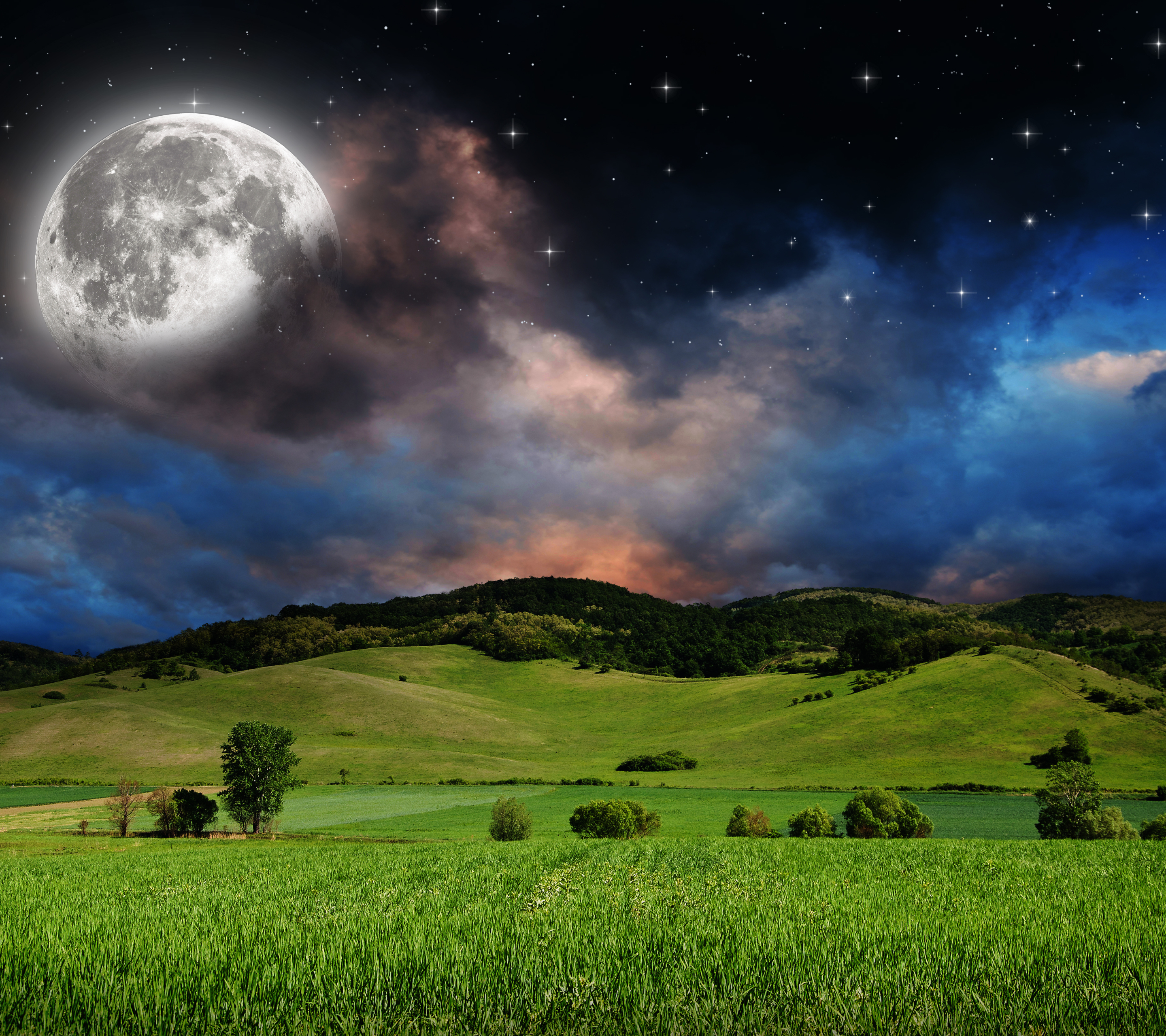iPhone background meadow, field, earth, starry sky