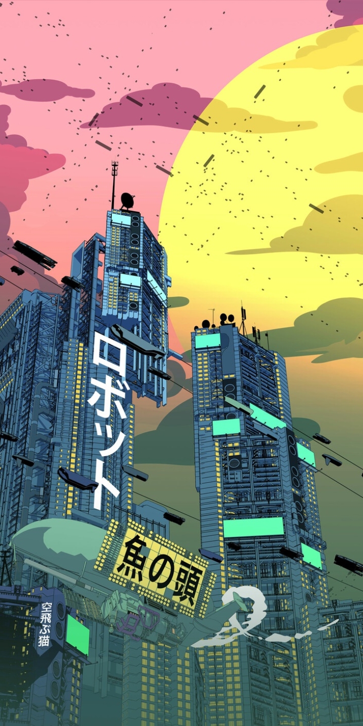 Mobile wallpaper: Sun, City, Skyscraper, Building, Sci Fi, Japanese,  Futuristic, 1370446 download the picture for free.