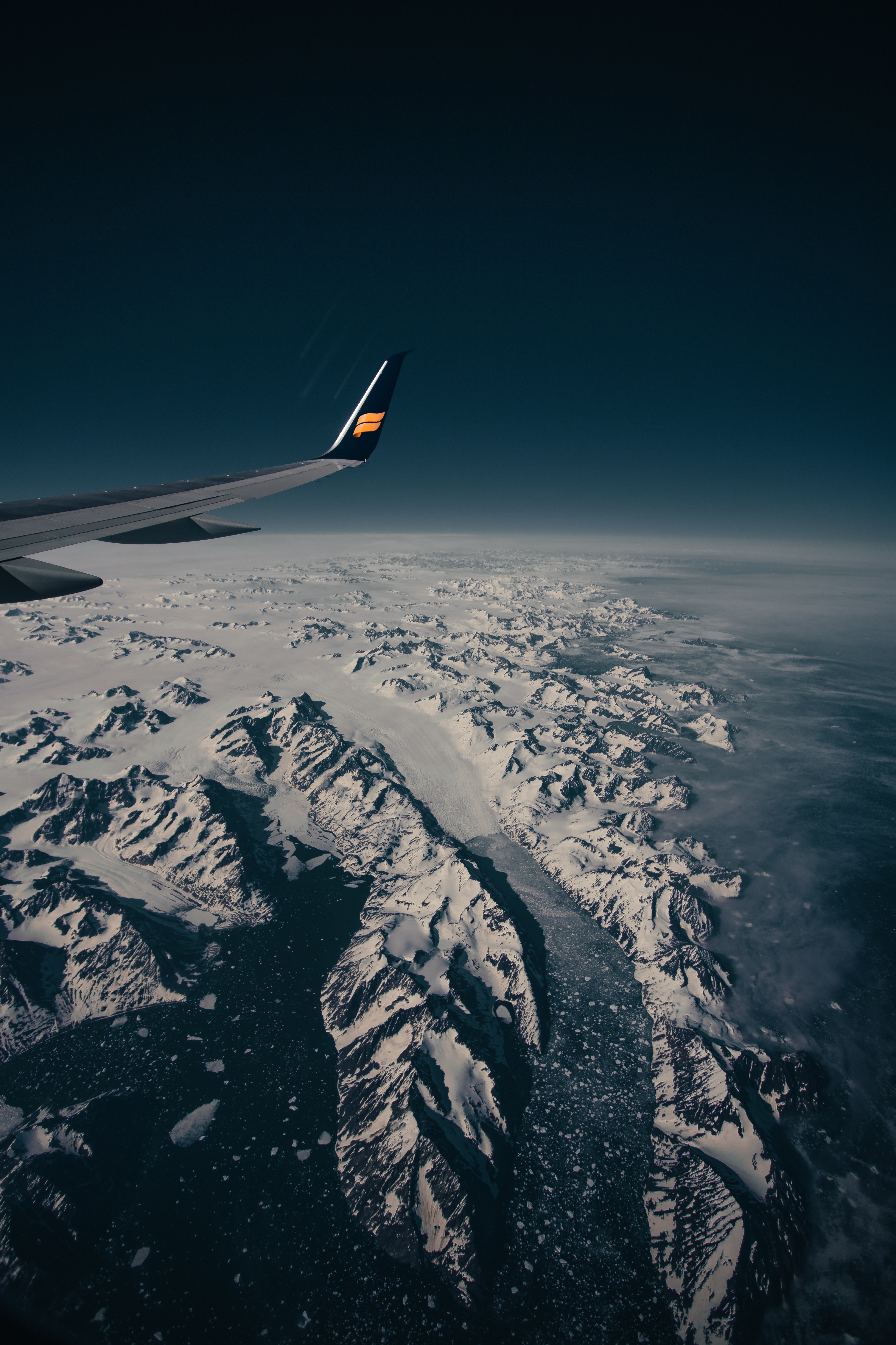 mountains, nature, view from above, flight, snow covered, snowbound, airplane wing, wing of the plane