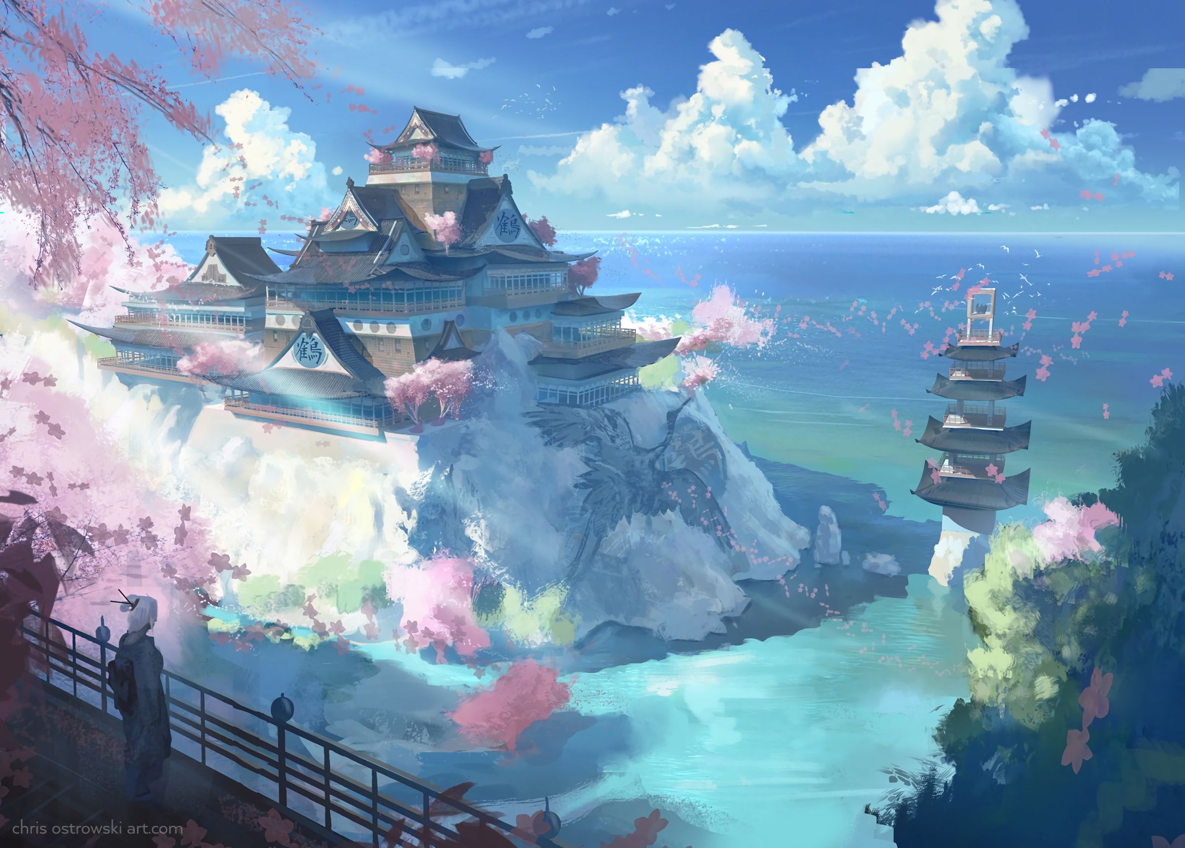 original, castle, sky, sea, anime, cloud, landscape, ocean, water UHD
