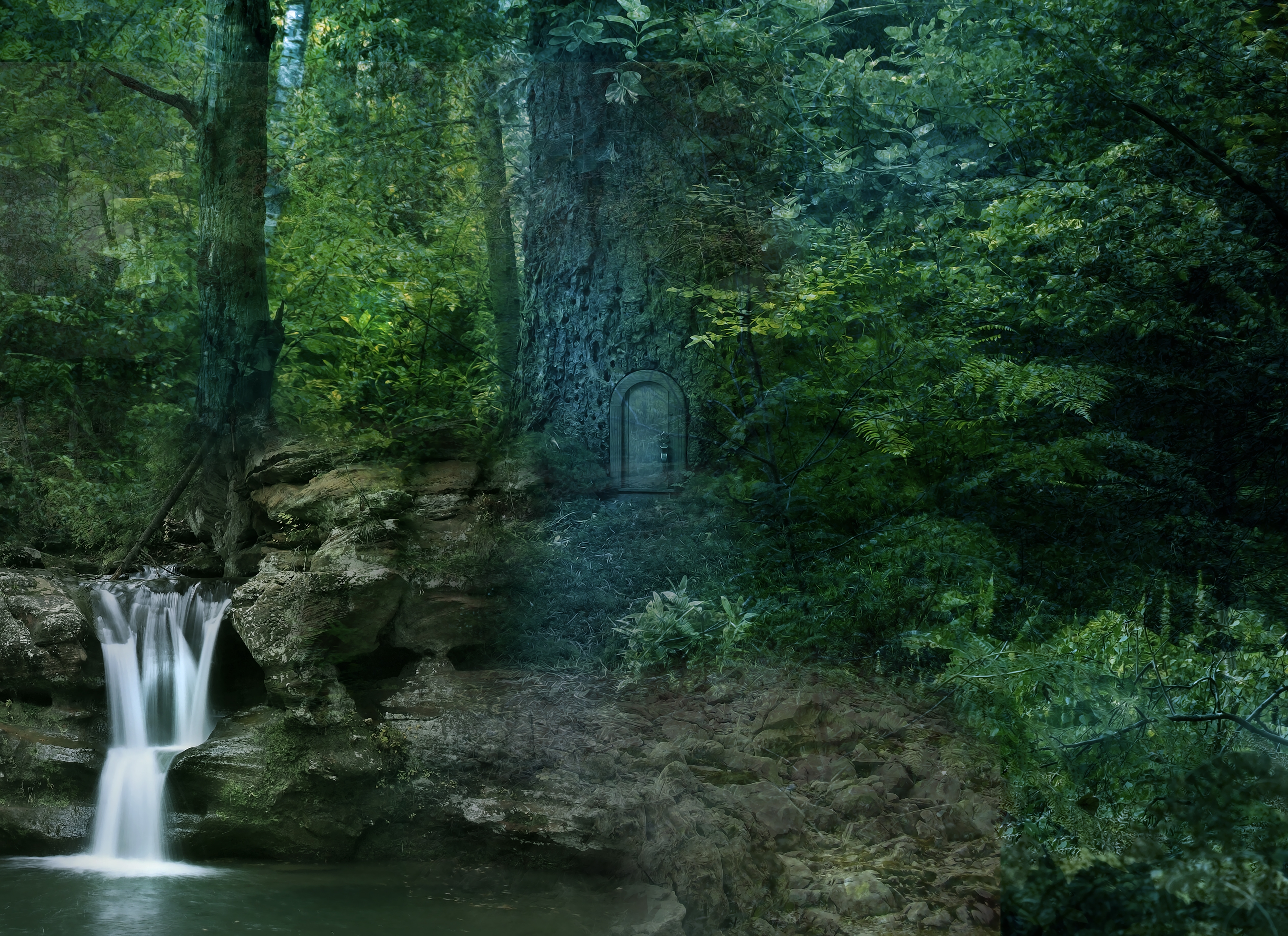 Handy-Wallpaper Wasserfall, Landschaft, Natur, Bäume, Wald kostenlos herunterladen.