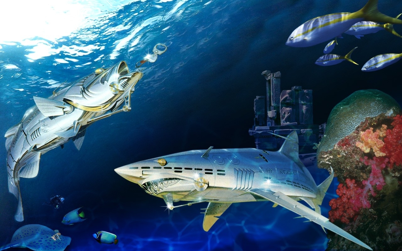 sci fi, robot, fish, reef, sea life, shark