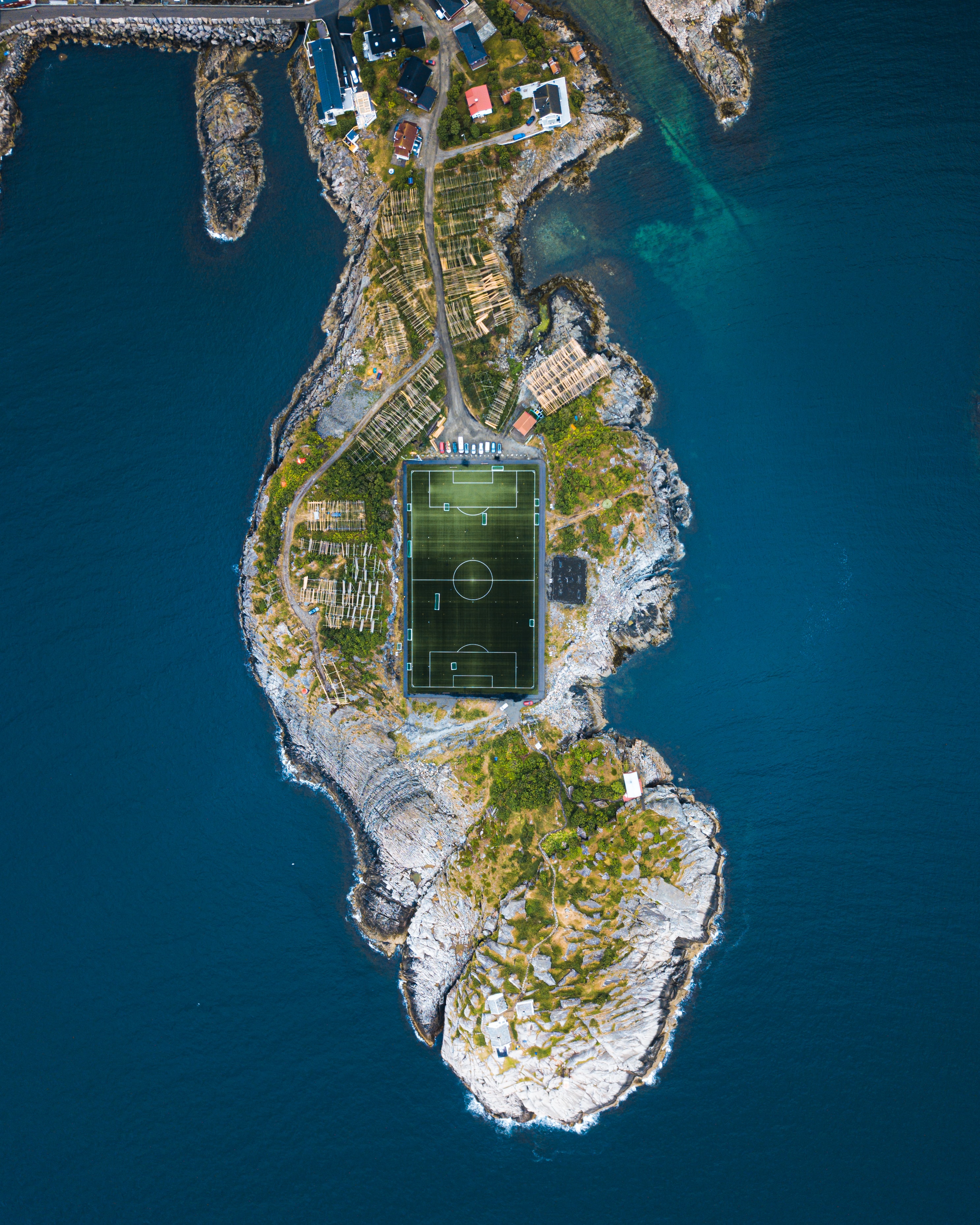 stadium, nature, sea, city, view from above, island