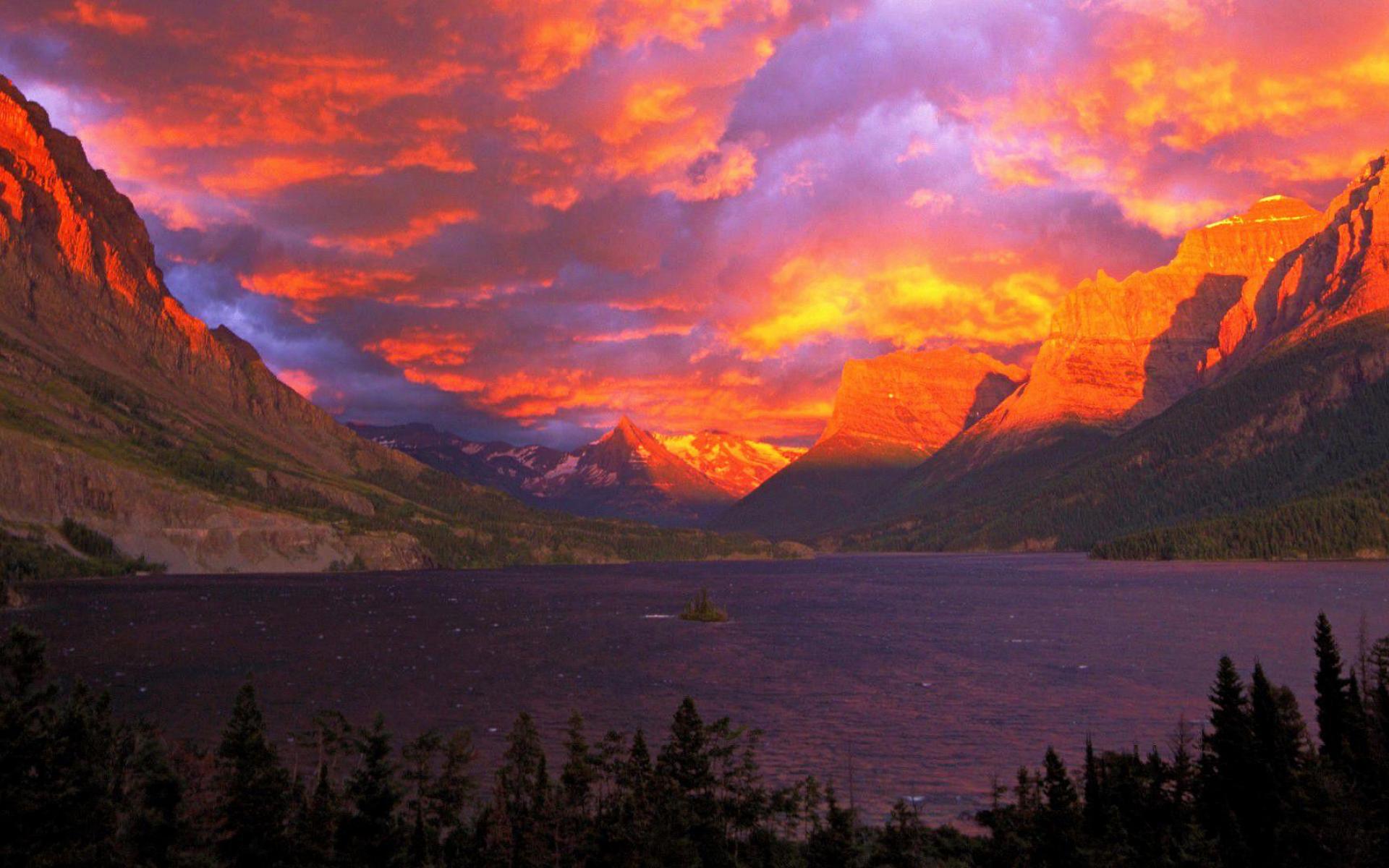earth, lake, alberta, canada, cloud, glacier national park, landscape, mountain, orange (color), purple, sky, sunset, lakes wallpapers for tablet